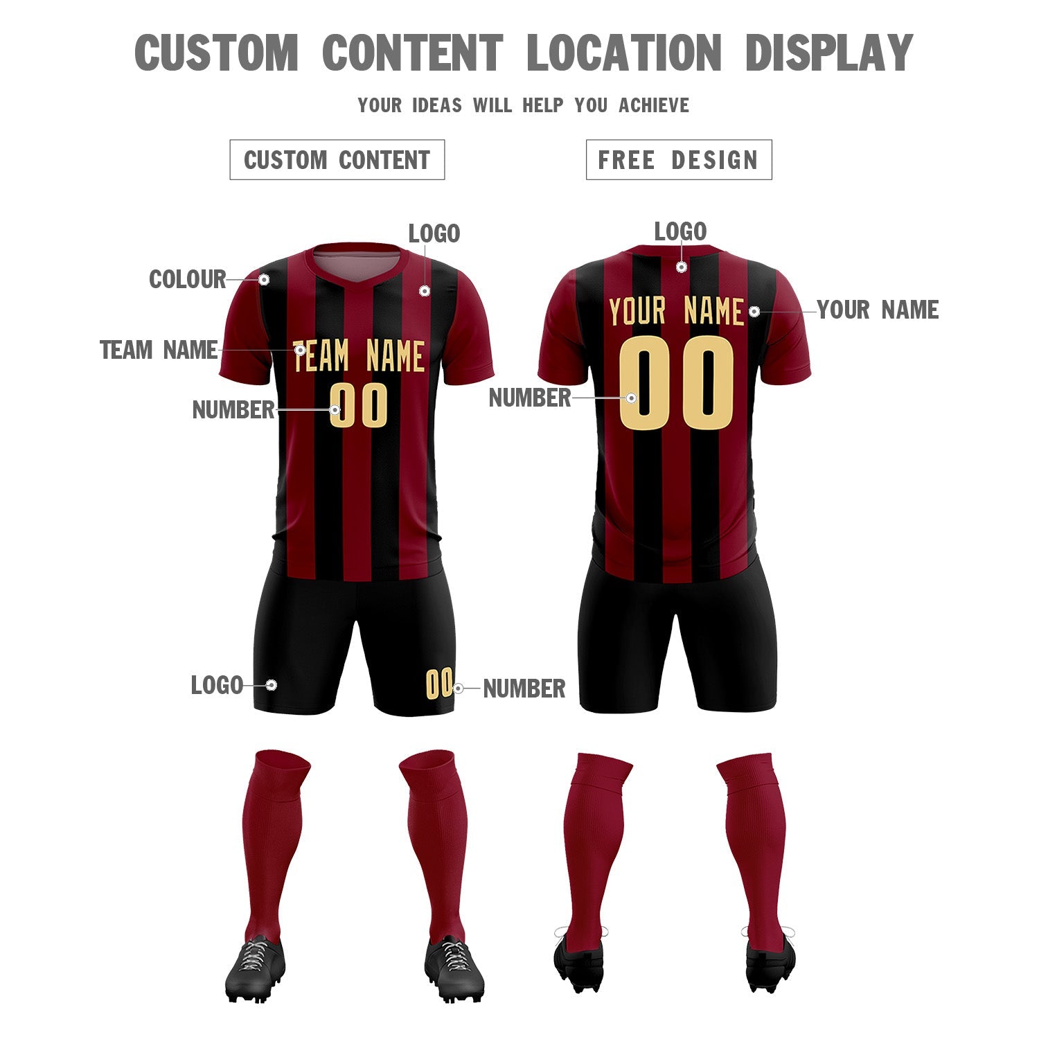 Custom Crimson Black Vertical Stripes Casual Outdoor Soccer Sets Jersey