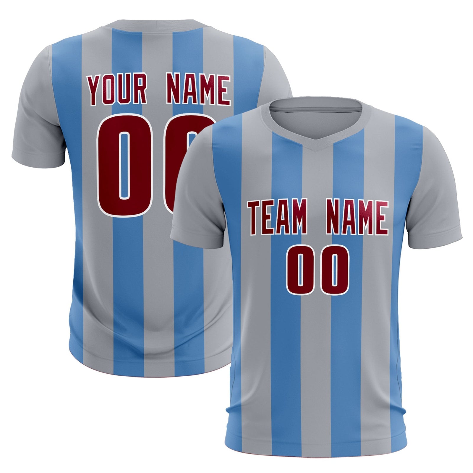 Custom Gray Light Blue Vertical Stripes Casual Outdoor Soccer Sets Jersey