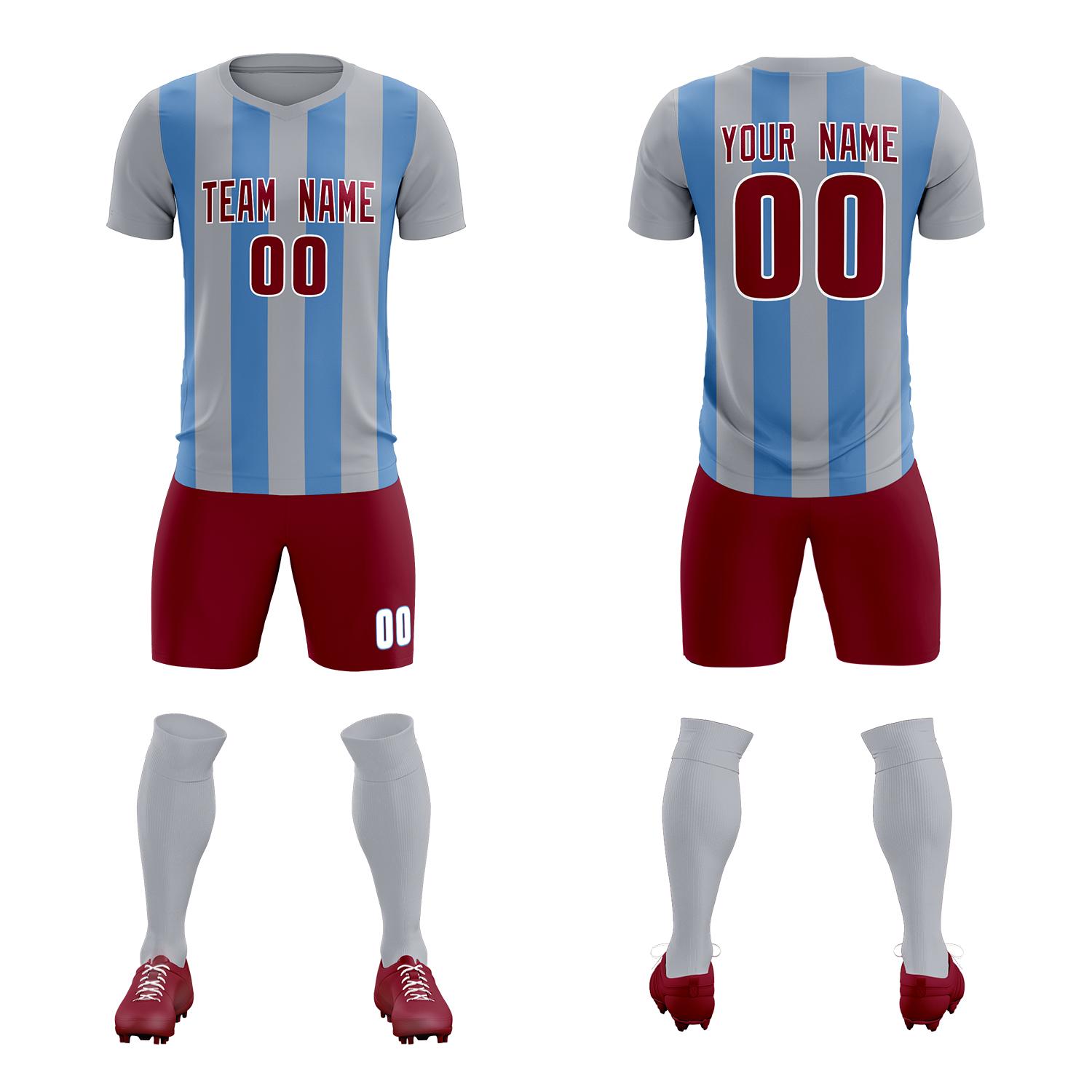 Custom Gray Light Blue Vertical Stripes Casual Outdoor Soccer Sets Jersey