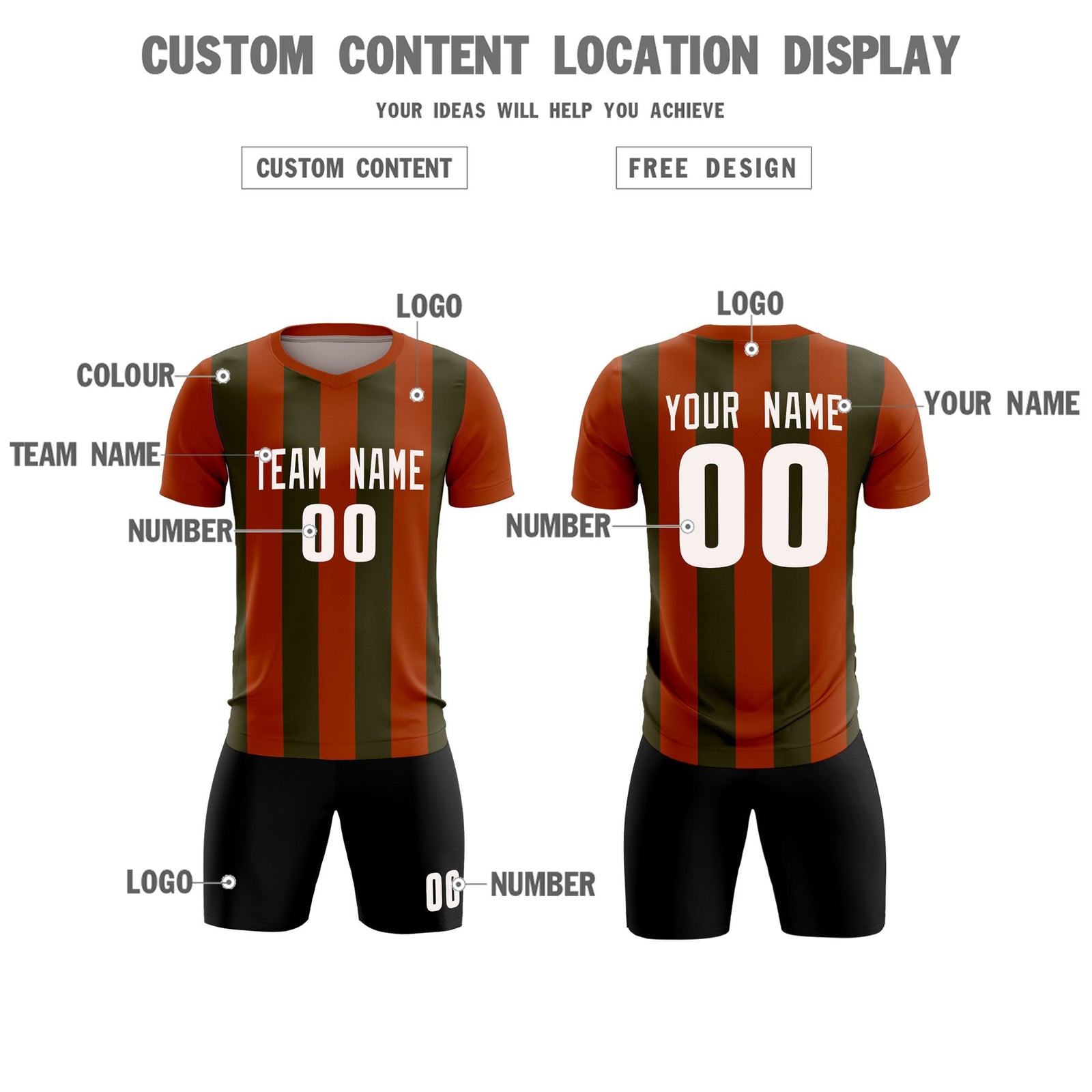 Custom Texas Orange Olive Vertical Stripes Casual Outdoor Soccer Sets Jersey