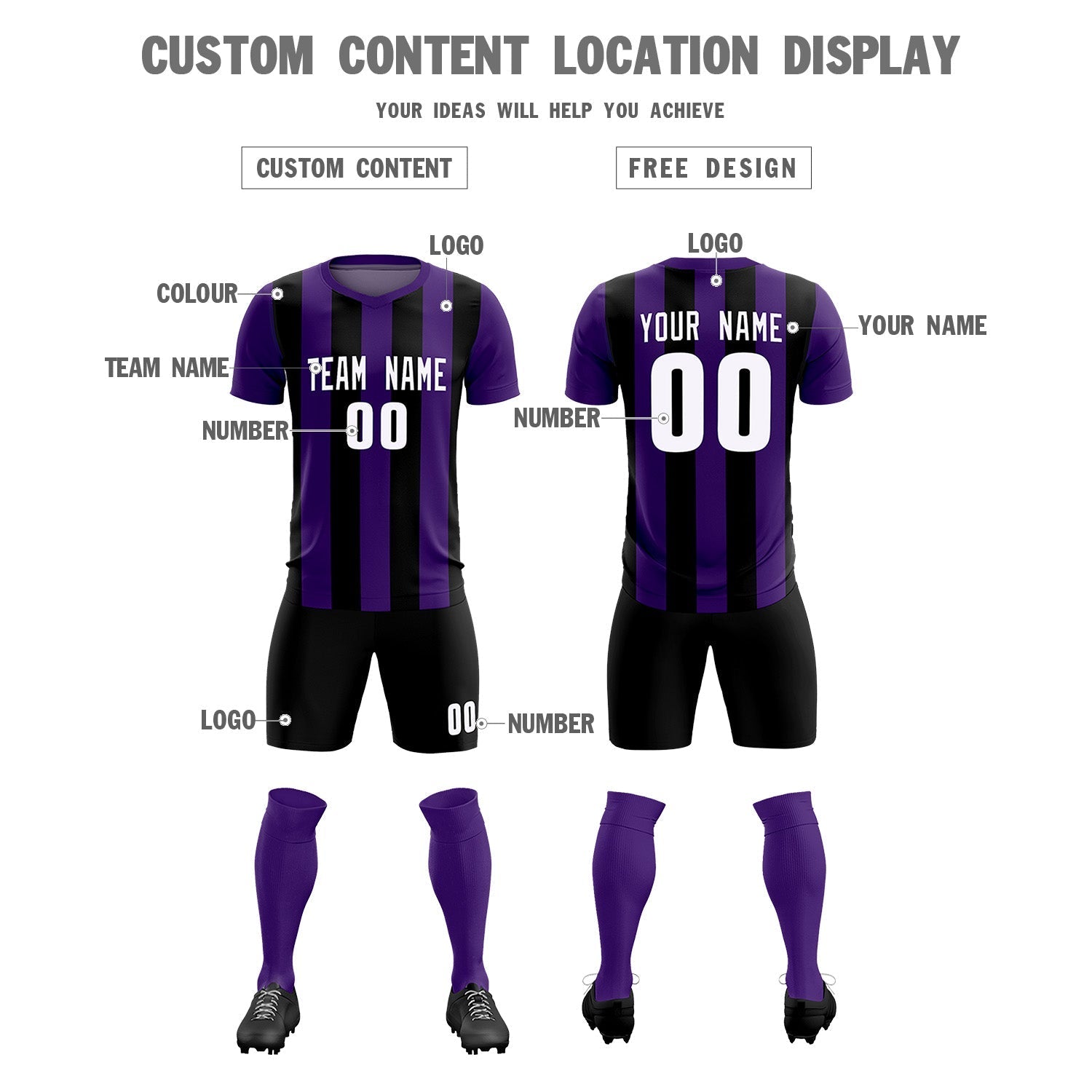 Custom Purple Black Vertical Stripes Casual Outdoor Soccer Sets Jersey