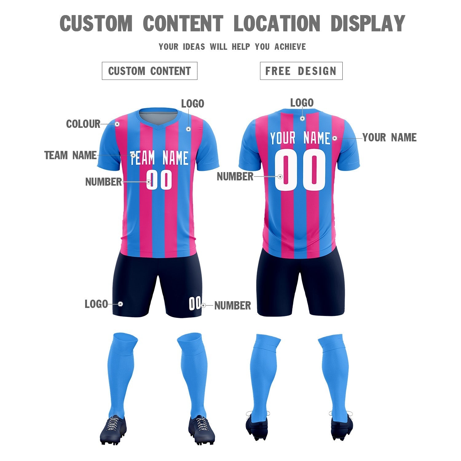 Custom Powder Blue Pink Vertical Stripes Casual Outdoor Soccer Sets Jersey