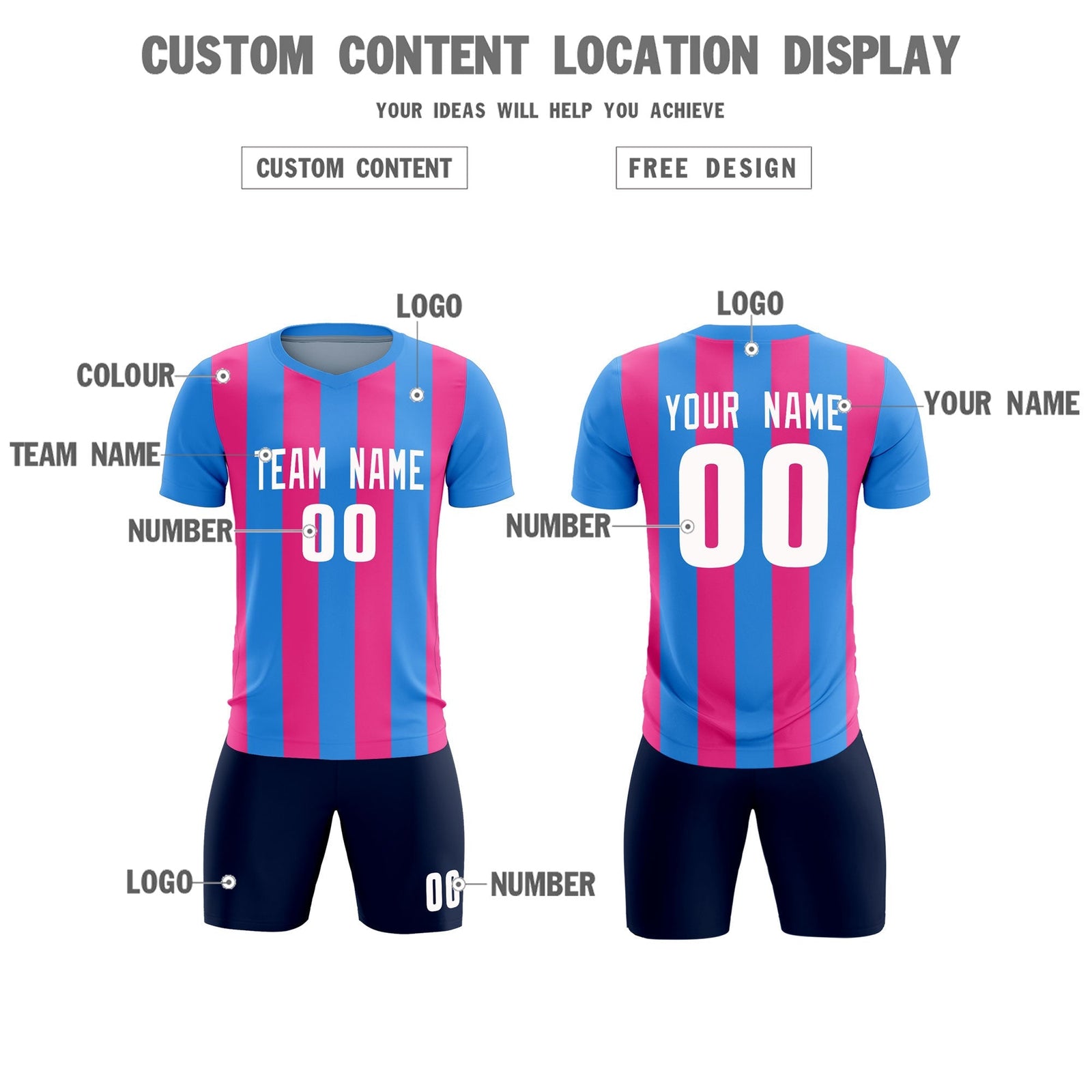 Custom Powder Blue Pink Vertical Stripes Casual Outdoor Soccer Sets Jersey