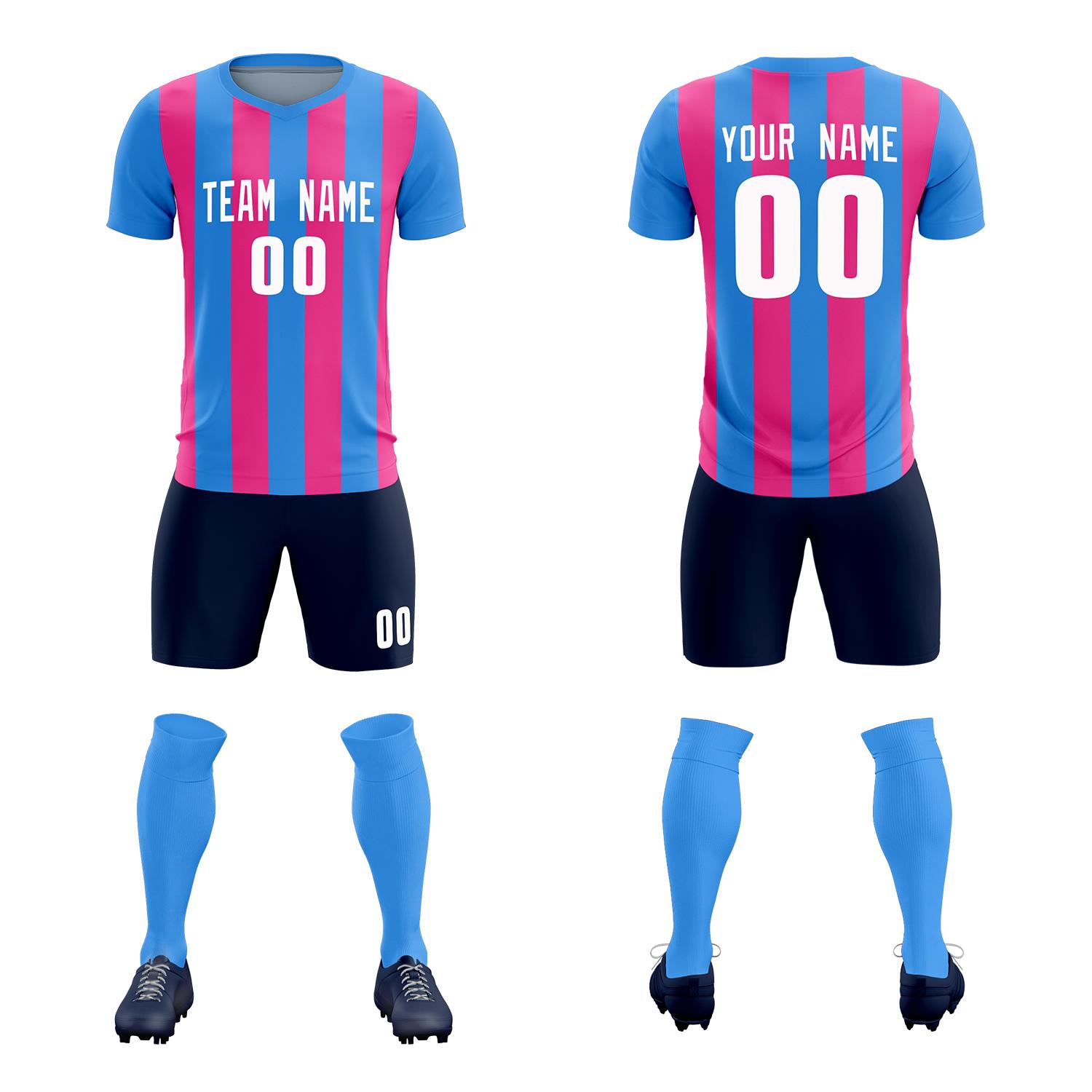 Custom Powder Blue Pink Vertical Stripes Casual Outdoor Soccer Sets Jersey