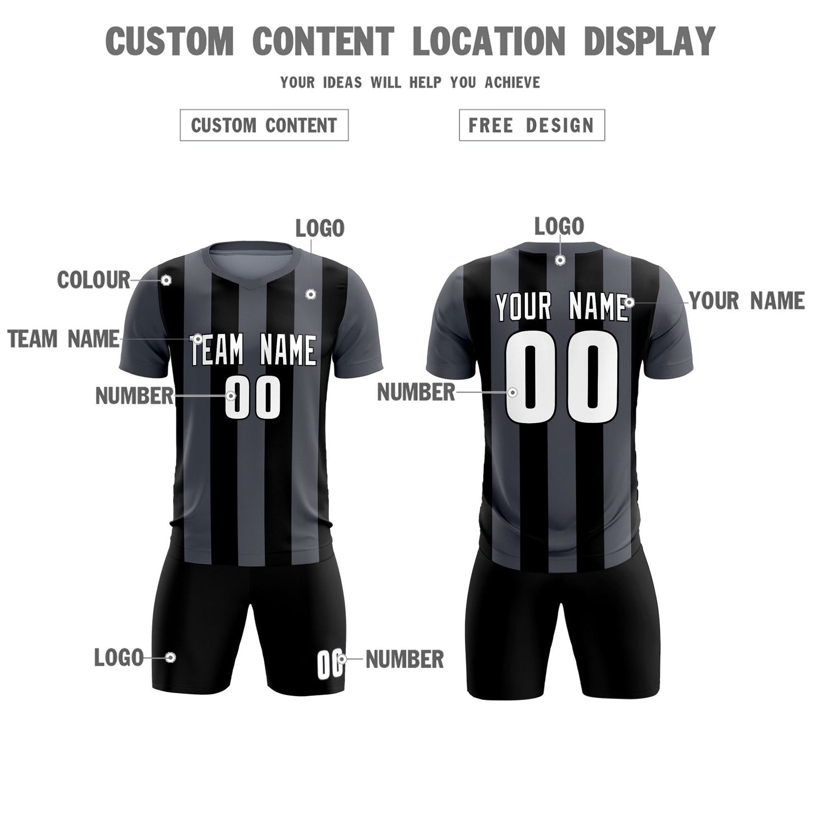 Custom Dark Gray Black Vertical Stripes Casual Outdoor Soccer Sets Jersey