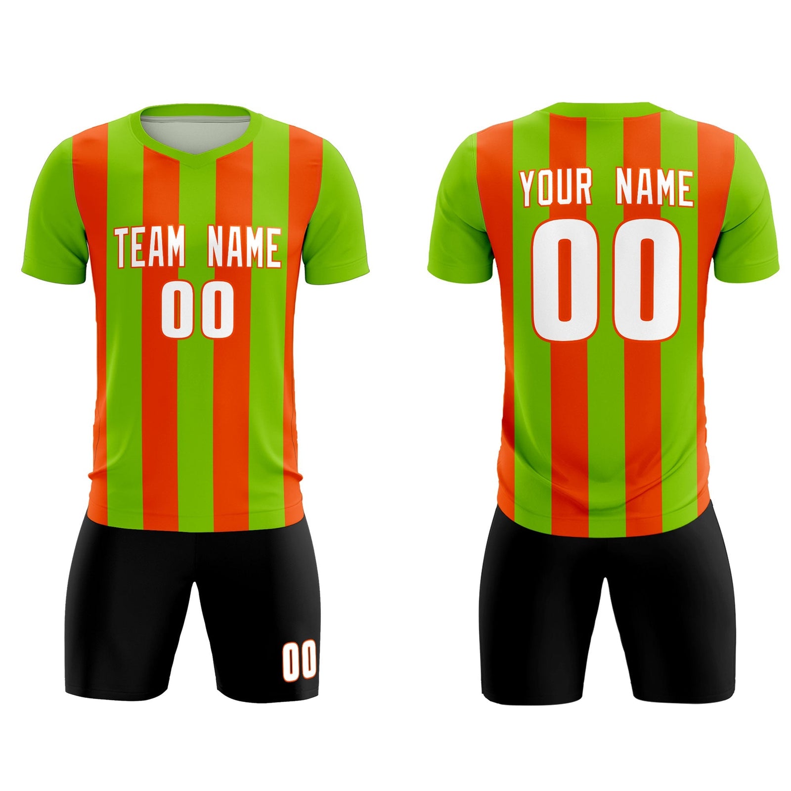 Custom Neon Green Orange Vertical Stripes Casual Outdoor Soccer Sets Jersey