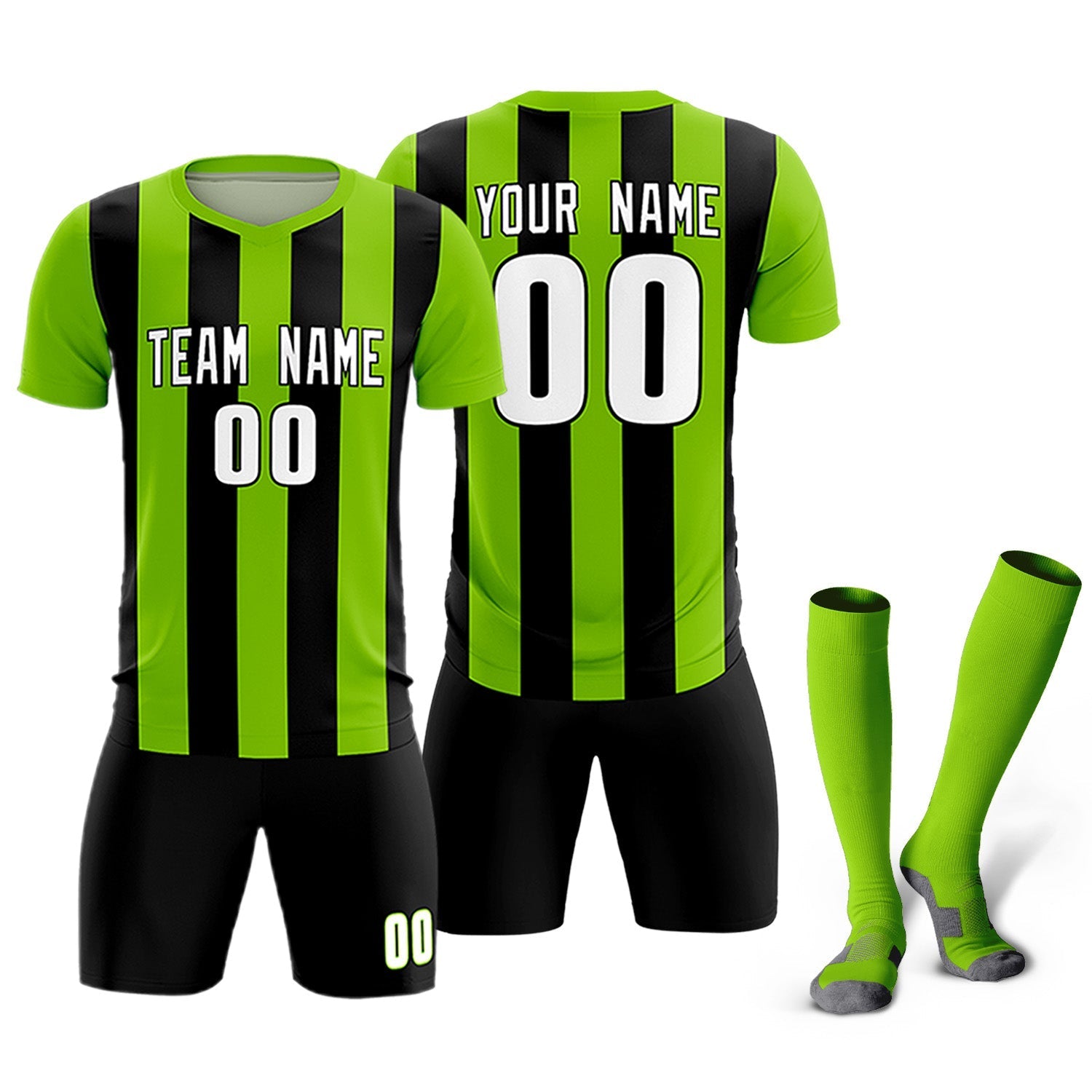 Custom Neon Green Black Vertical Stripes Casual Outdoor Soccer Sets Jersey