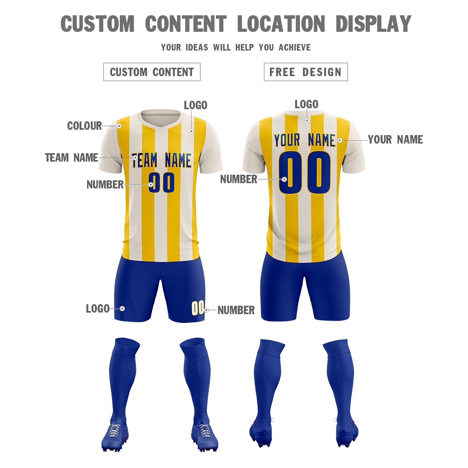 Custom Cream Gold Vertical Stripes Casual Outdoor Soccer Sets Jersey