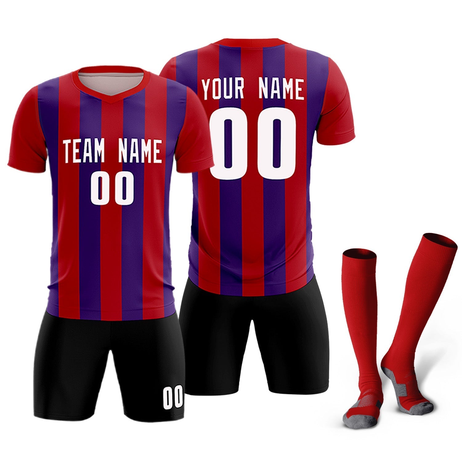 Custom Red Purple Vertical Stripes Casual Outdoor Soccer Sets Jersey