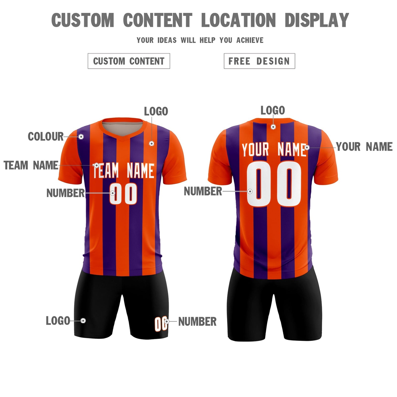Custom Orange Purple Vertical Stripes Casual Outdoor Soccer Sets Jersey