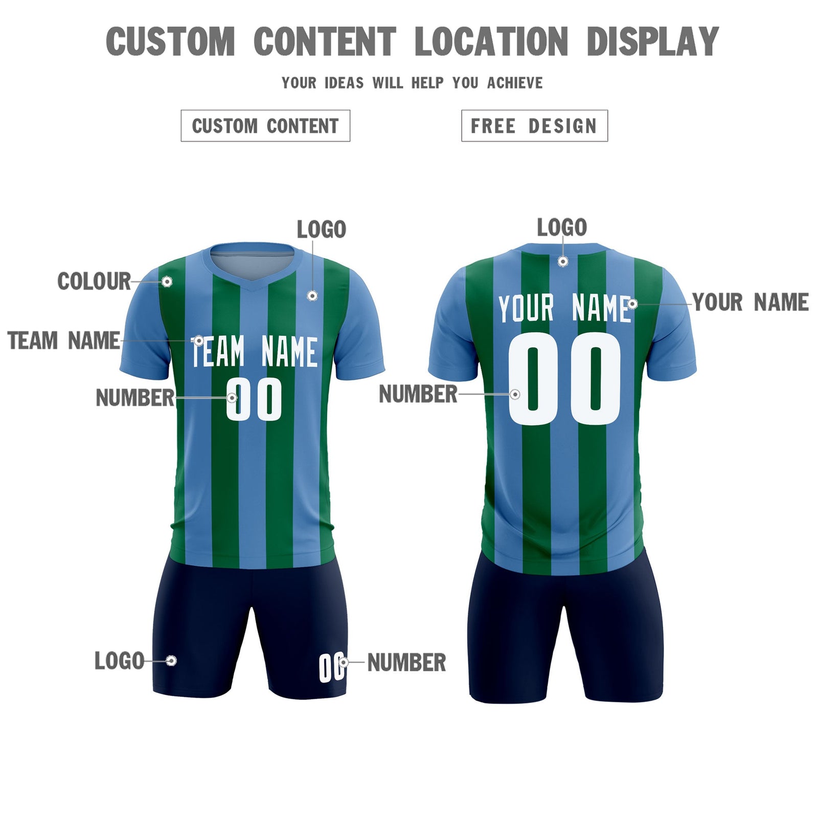Custom Light Blue Kelly Green Vertical Stripes Casual Outdoor Soccer Sets Jersey
