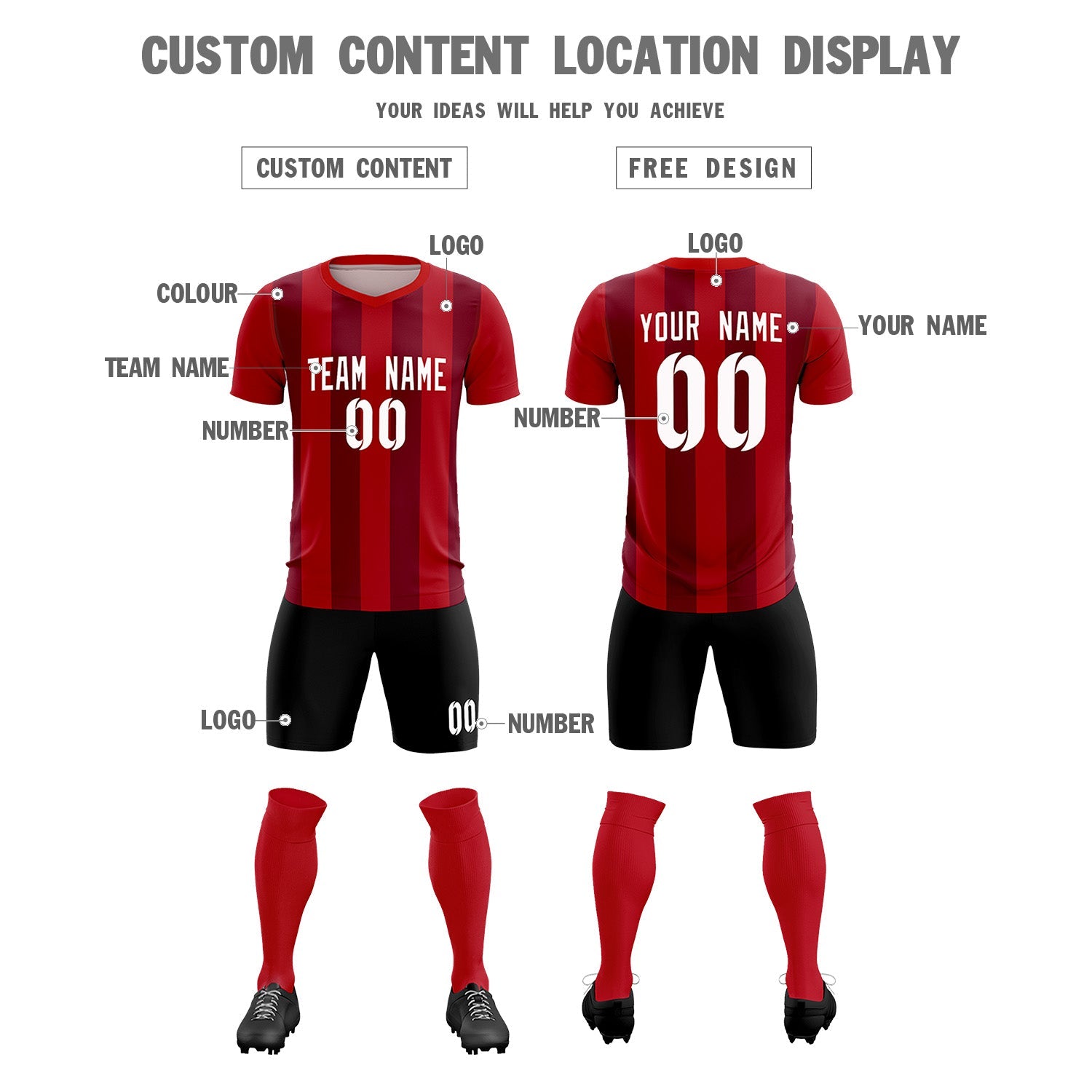Custom Red Crimson Vertical Stripes Casual Outdoor Soccer Sets Jersey