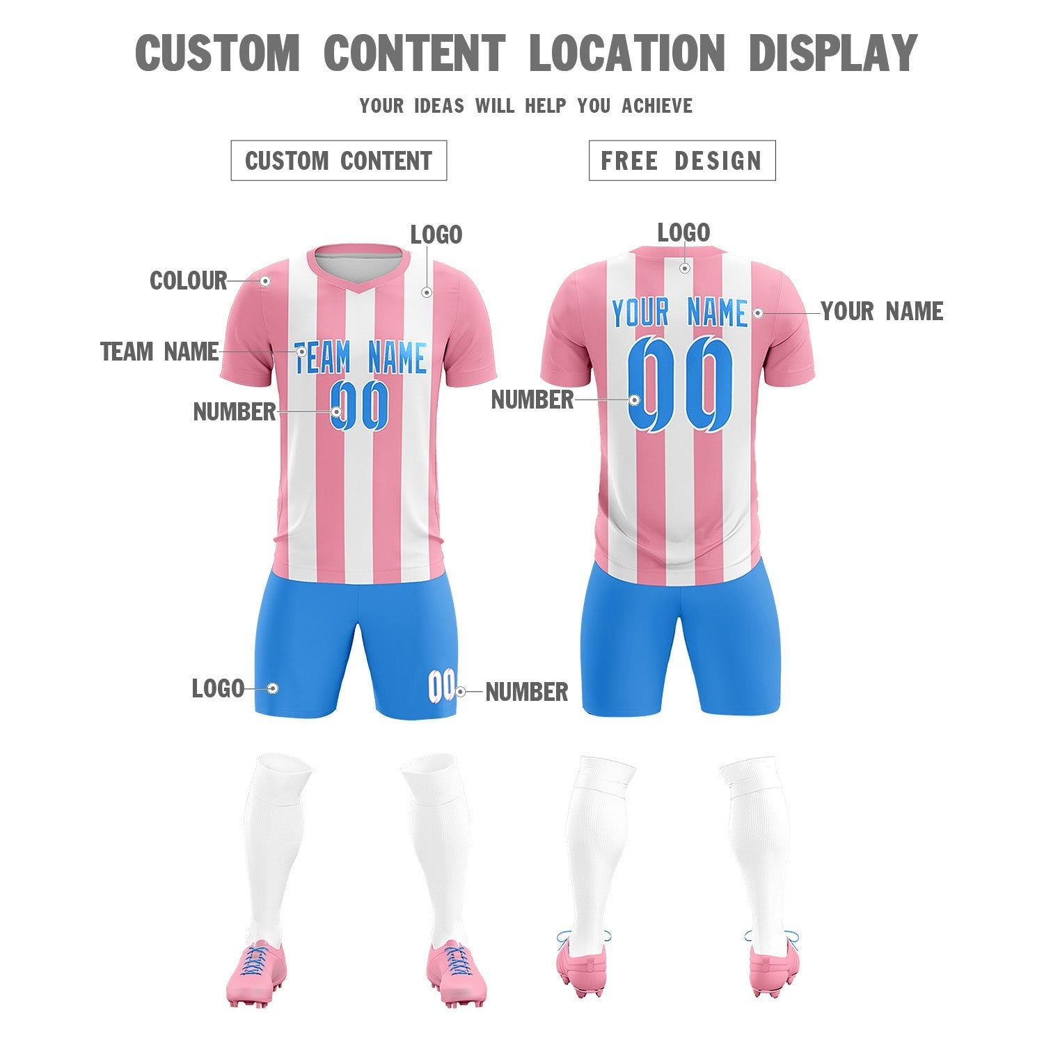 Custom White Light Pink Vertical Stripes Casual Outdoor Soccer Sets Jersey