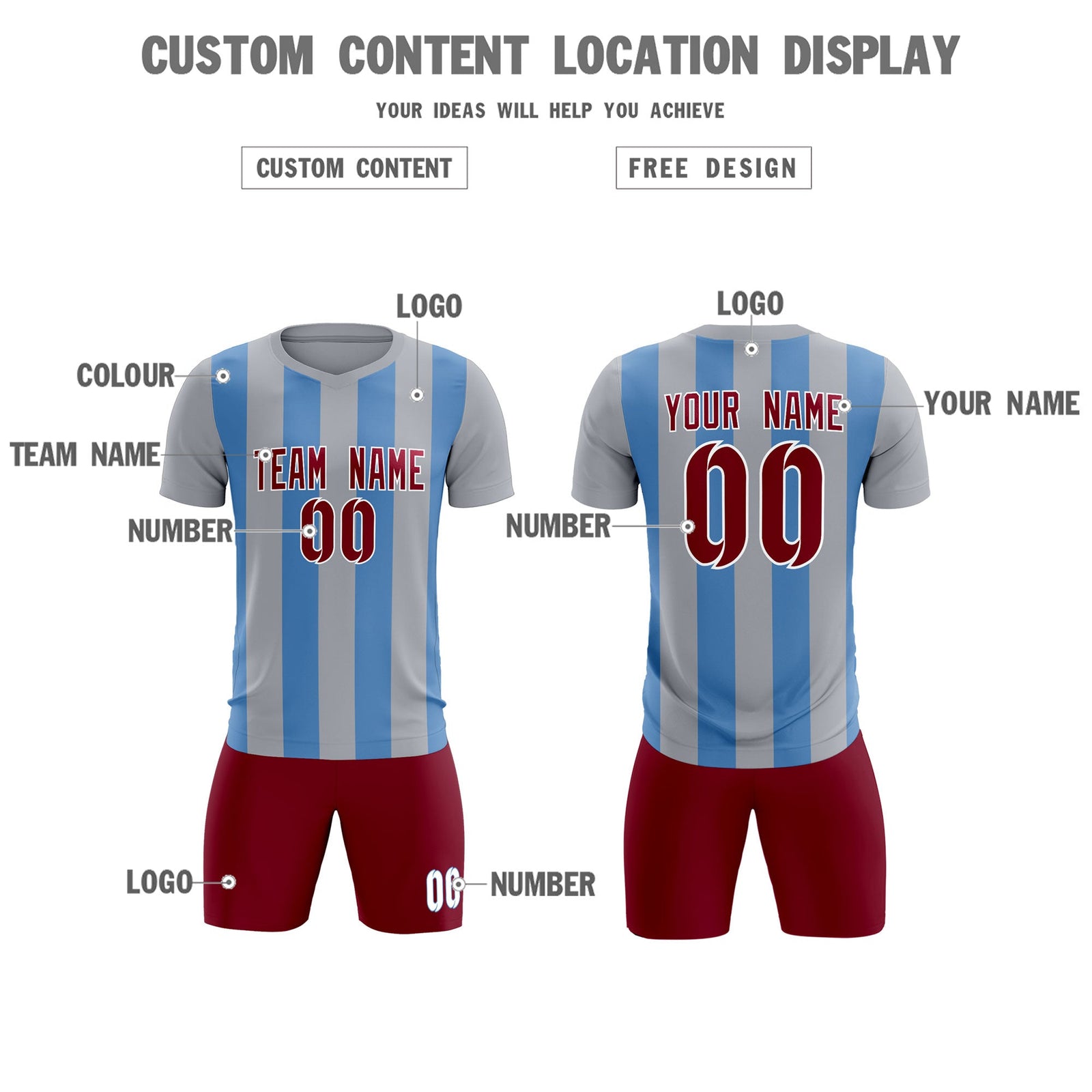 Custom Gray Light Blue Vertical Stripes Casual Outdoor Soccer Sets Jersey