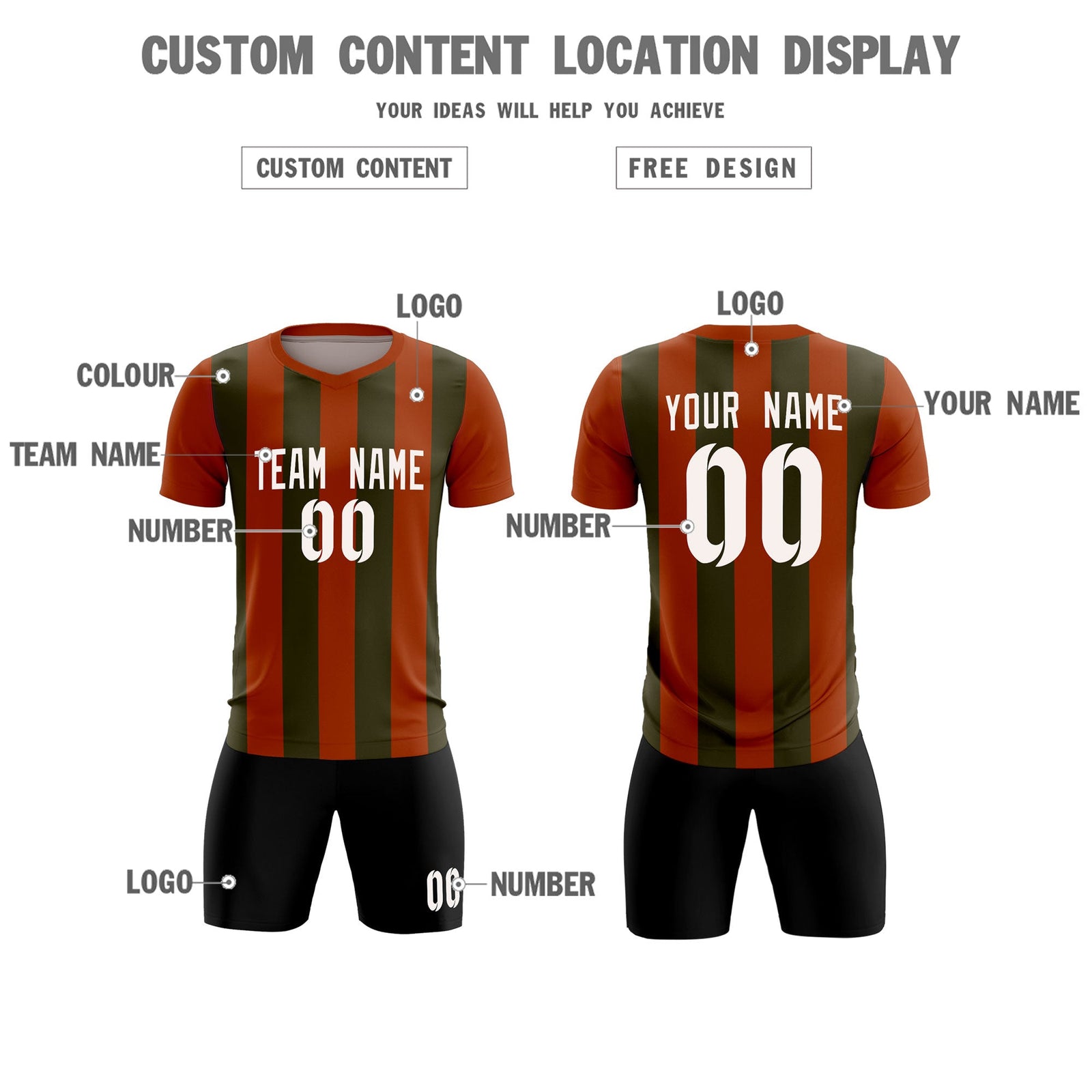 Custom Texas Orange Olive Vertical Stripes Casual Outdoor Soccer Sets Jersey