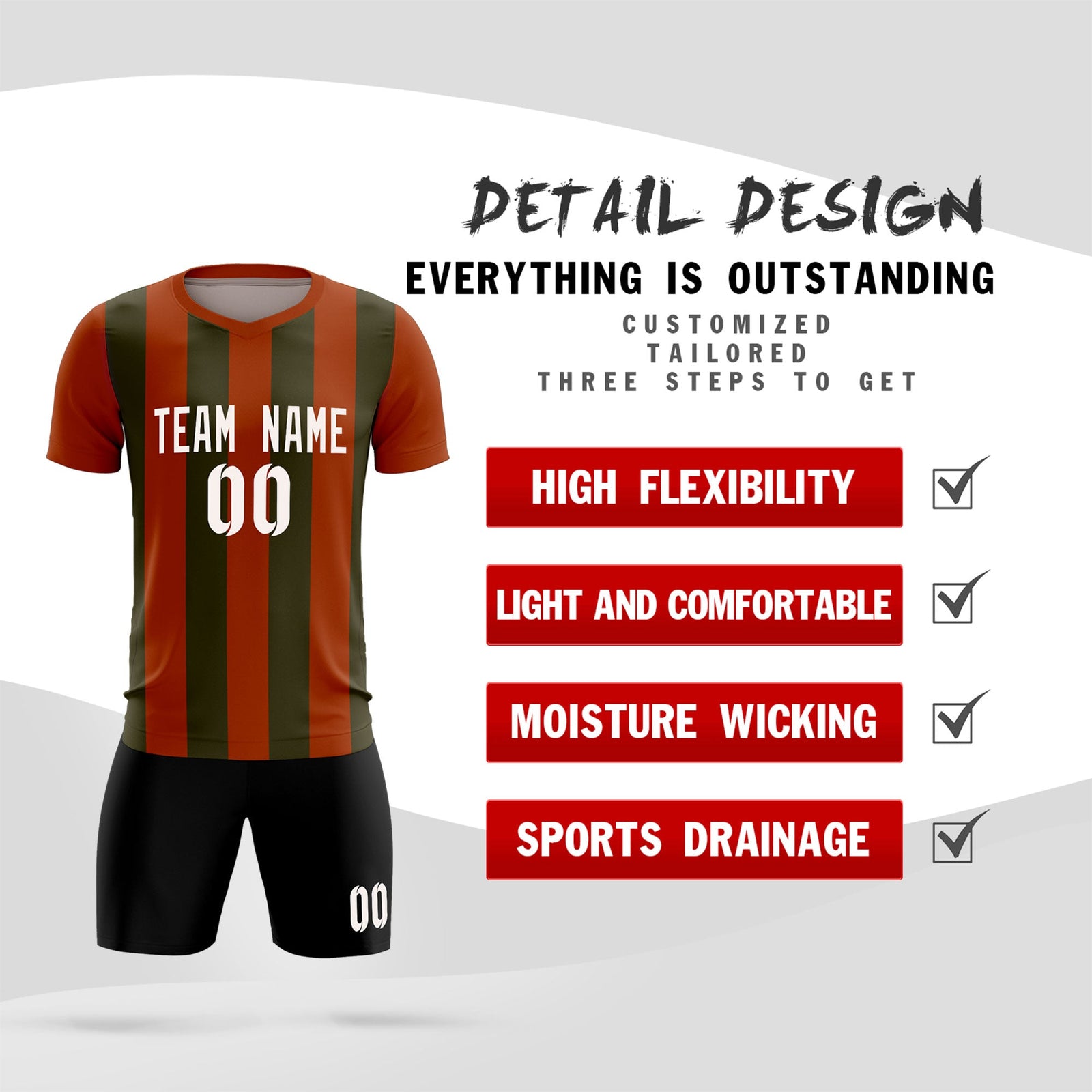 Custom Texas Orange Olive Vertical Stripes Casual Outdoor Soccer Sets Jersey