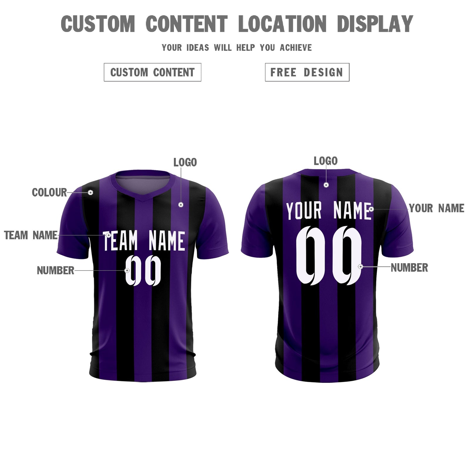 Custom Purple Black Vertical Stripes Casual Outdoor Soccer Sets Jersey