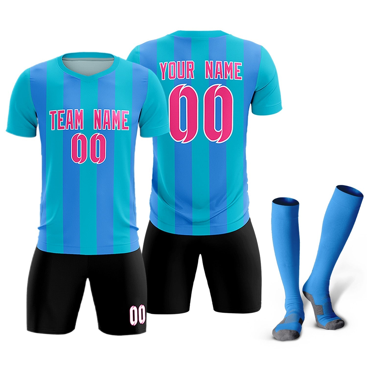 Custom Sky Blue Powder Blue Vertical Stripes Casual Outdoor Soccer Sets Jersey