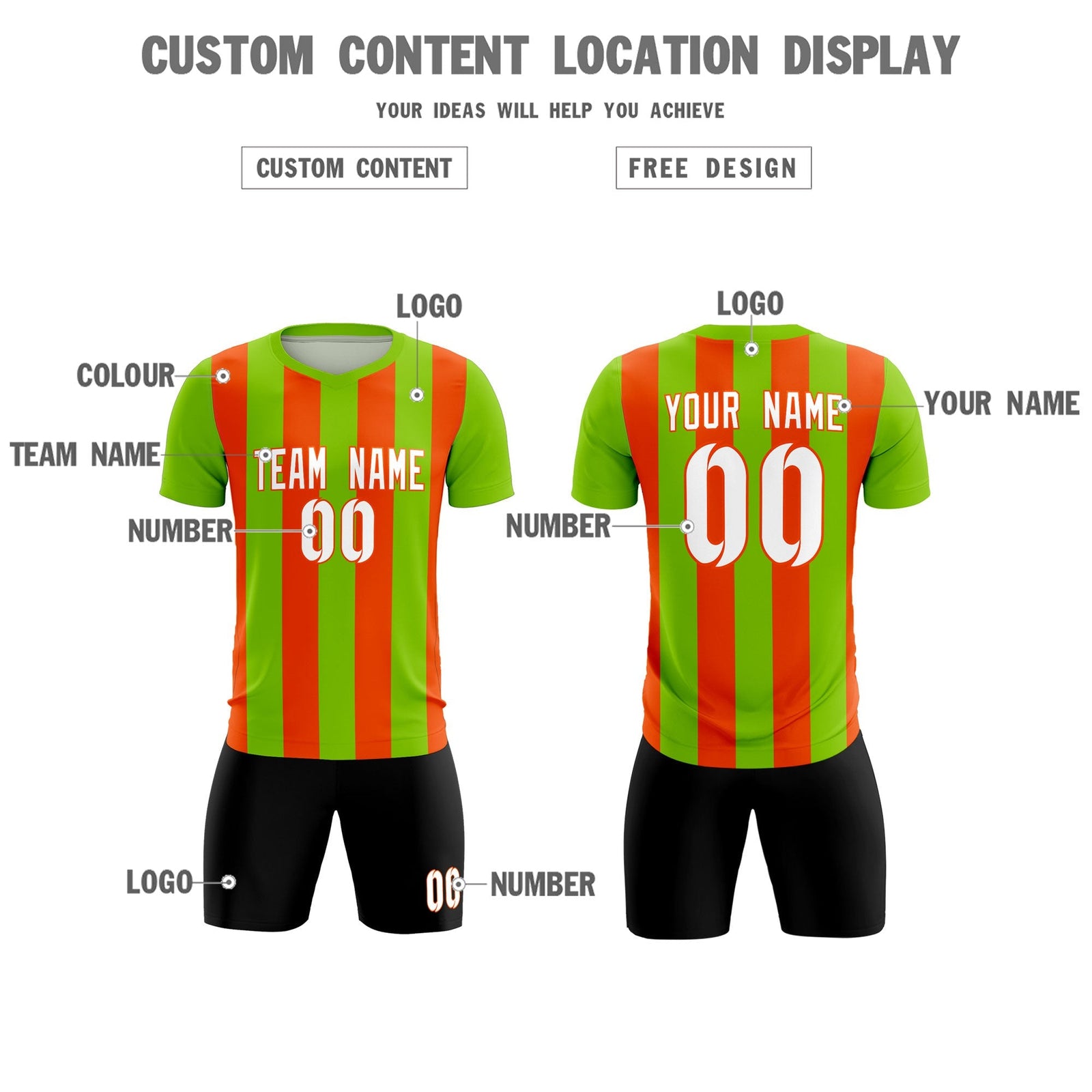 Custom Neon Green Orange Vertical Stripes Casual Outdoor Soccer Sets Jersey