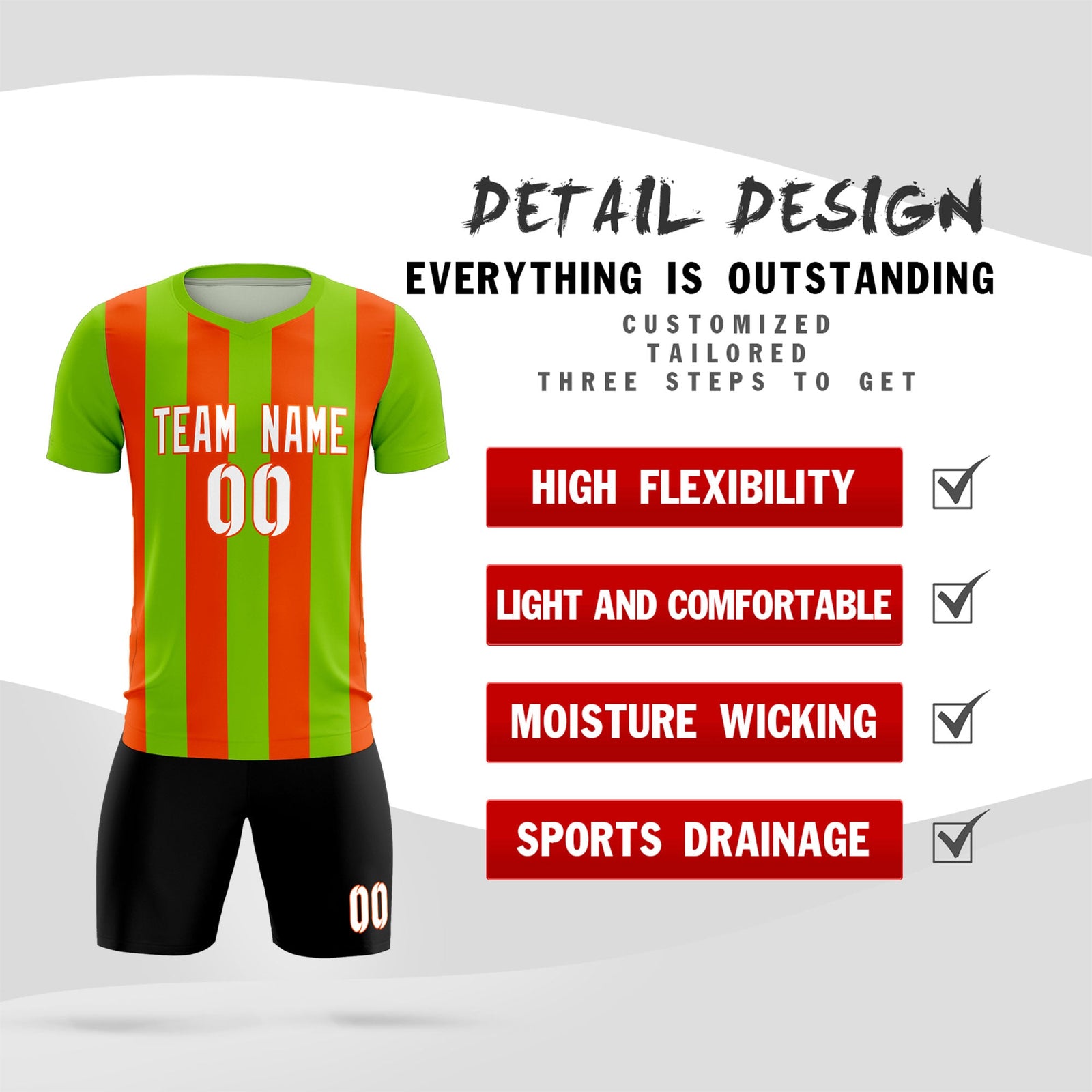 Custom Neon Green Orange Vertical Stripes Casual Outdoor Soccer Sets Jersey