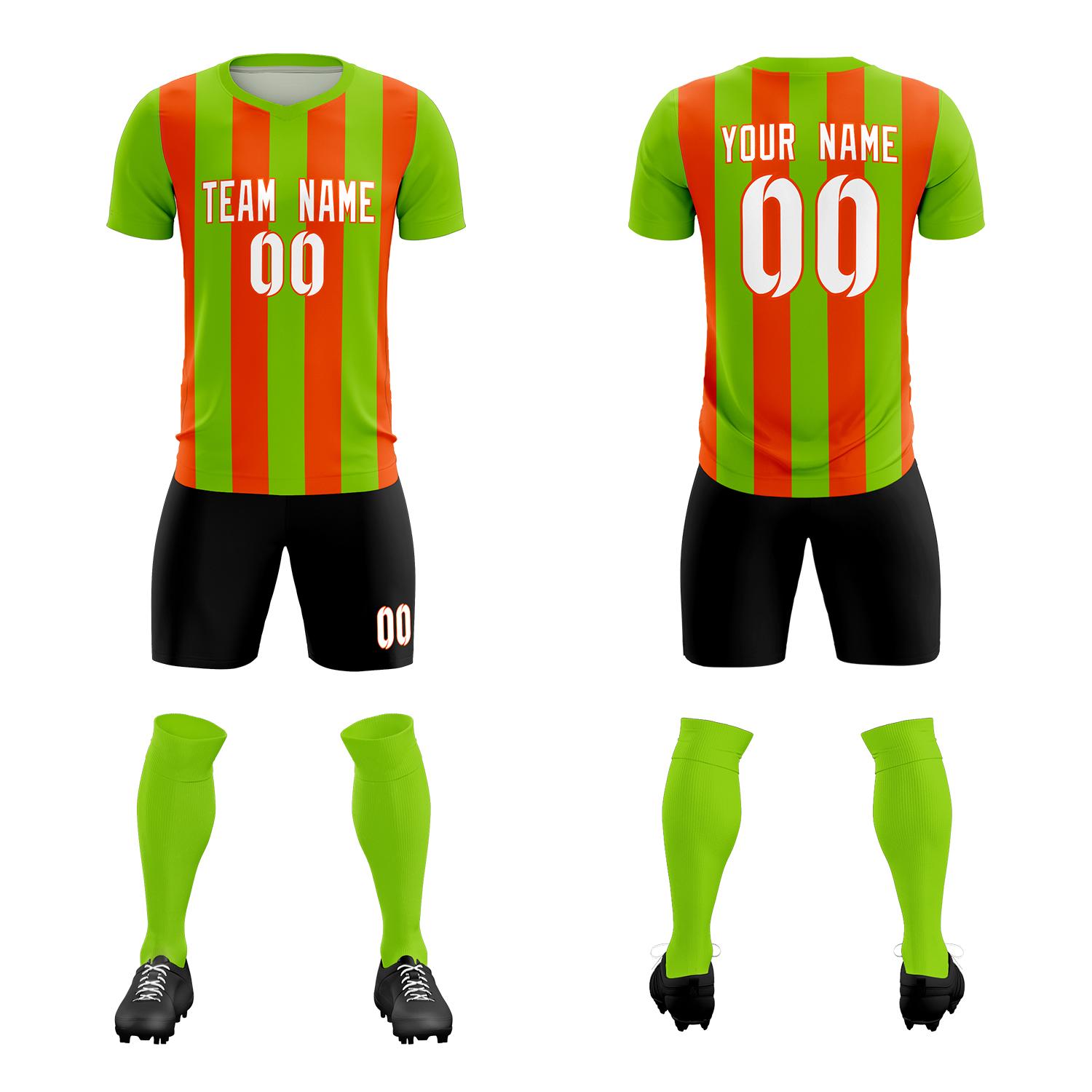 Custom Neon Green Orange Vertical Stripes Casual Outdoor Soccer Sets Jersey