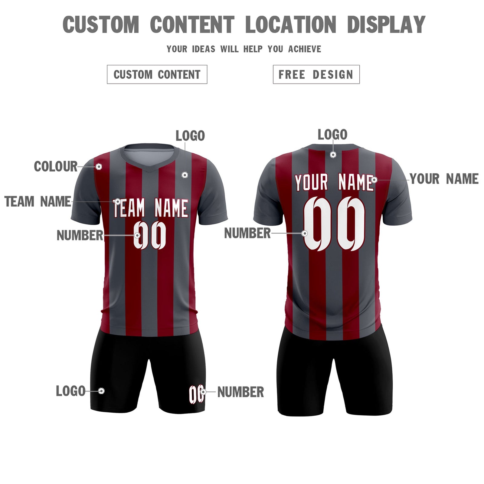Custom Dark Gray Crimson Vertical Stripes Casual Outdoor Soccer Sets Jersey