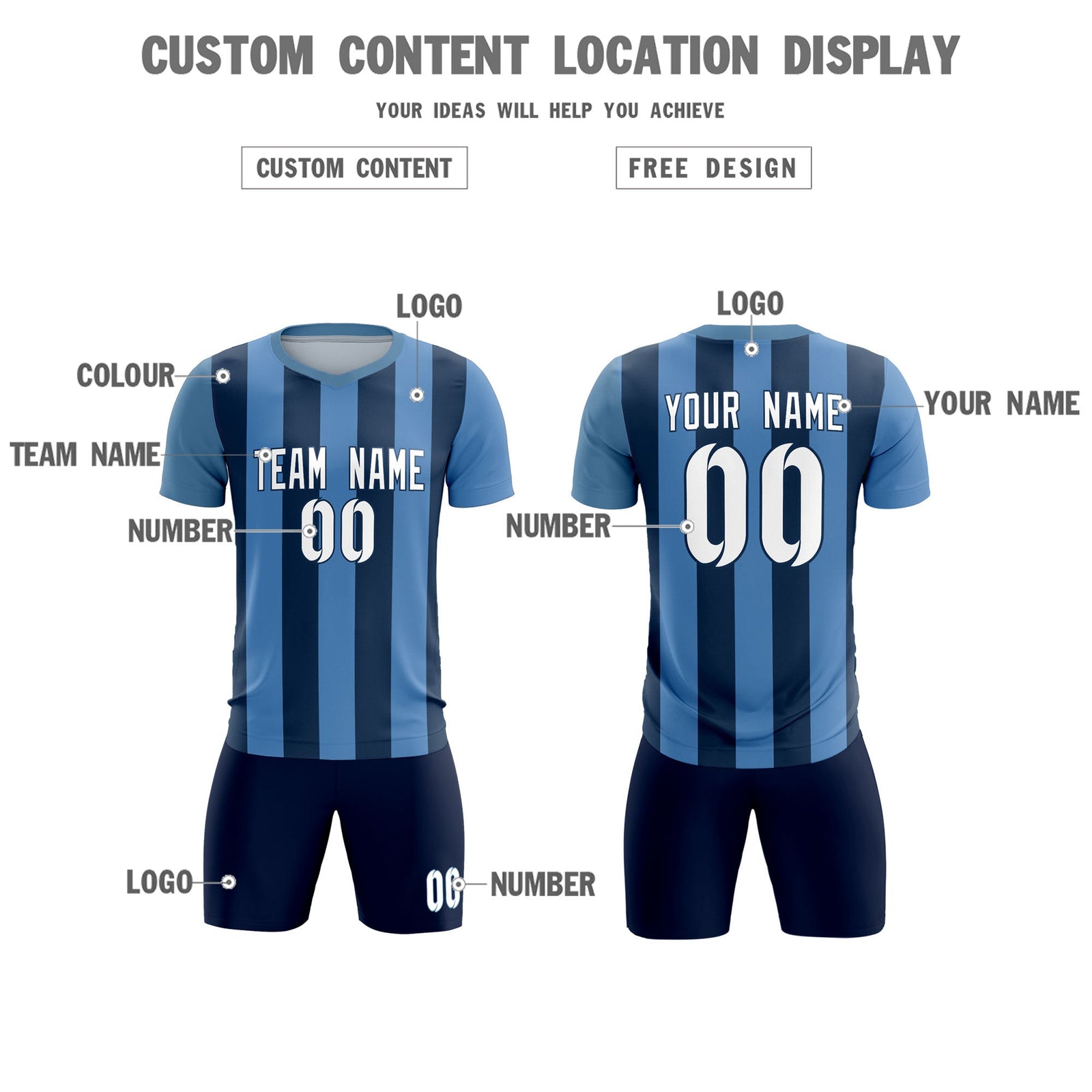 Custom Light Blue Midnight Blue Vertical Stripes Casual Outdoor Soccer Sets Jersey