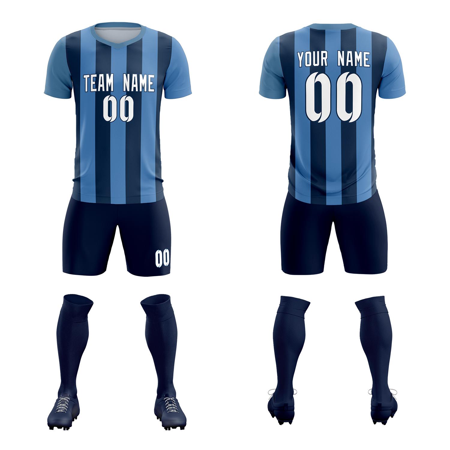 Custom Light Blue Midnight Blue Vertical Stripes Casual Outdoor Soccer Sets Jersey