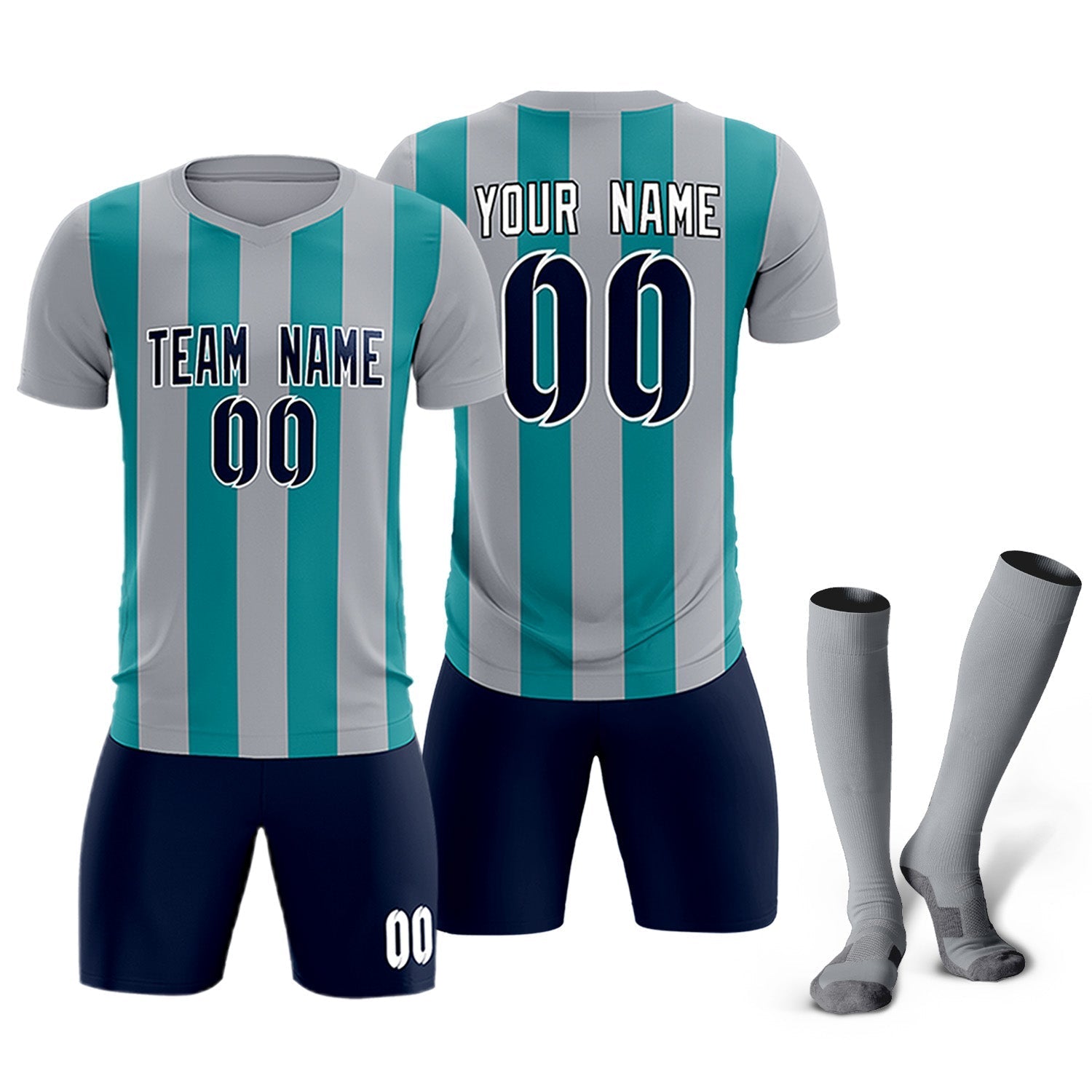 Custom Gray Aqua Vertical Stripes Casual Outdoor Soccer Sets Jersey