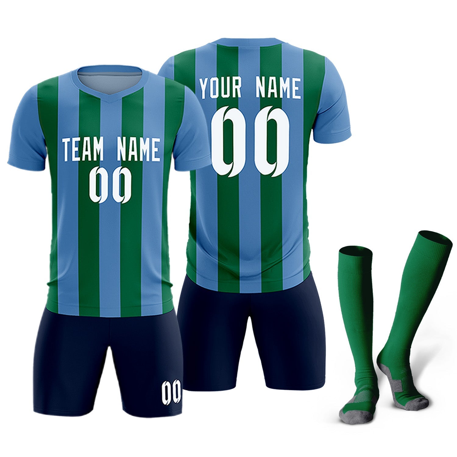 Custom Light Blue Kelly Green Vertical Stripes Casual Outdoor Soccer Sets Jersey