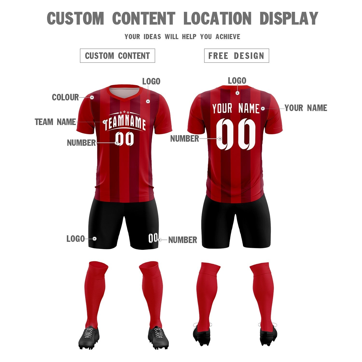 Custom Red Crimson Vertical Stripes Casual Outdoor Soccer Sets Jersey