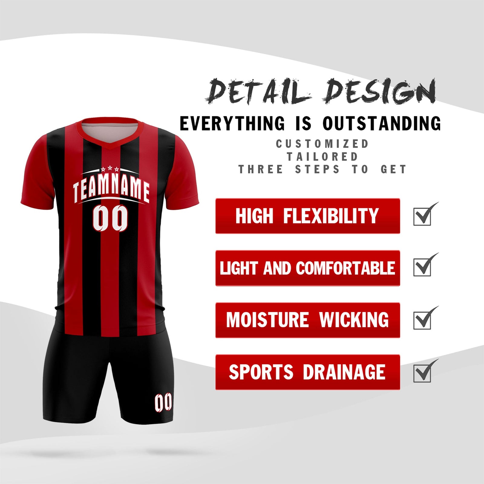 Custom Red Black Vertical Stripes Casual Outdoor Soccer Sets Jersey