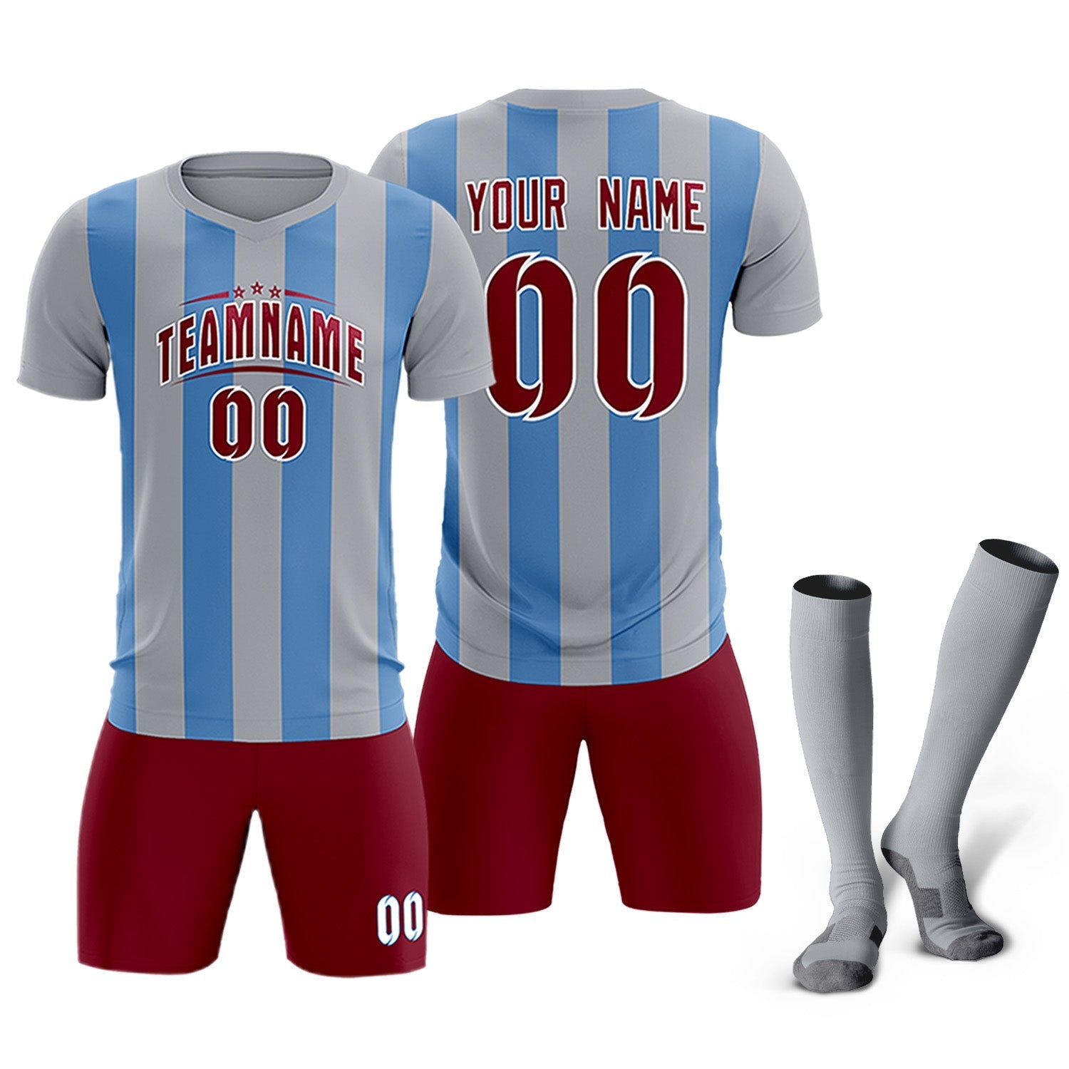 Custom Gray Light Blue Vertical Stripes Casual Outdoor Soccer Sets Jersey