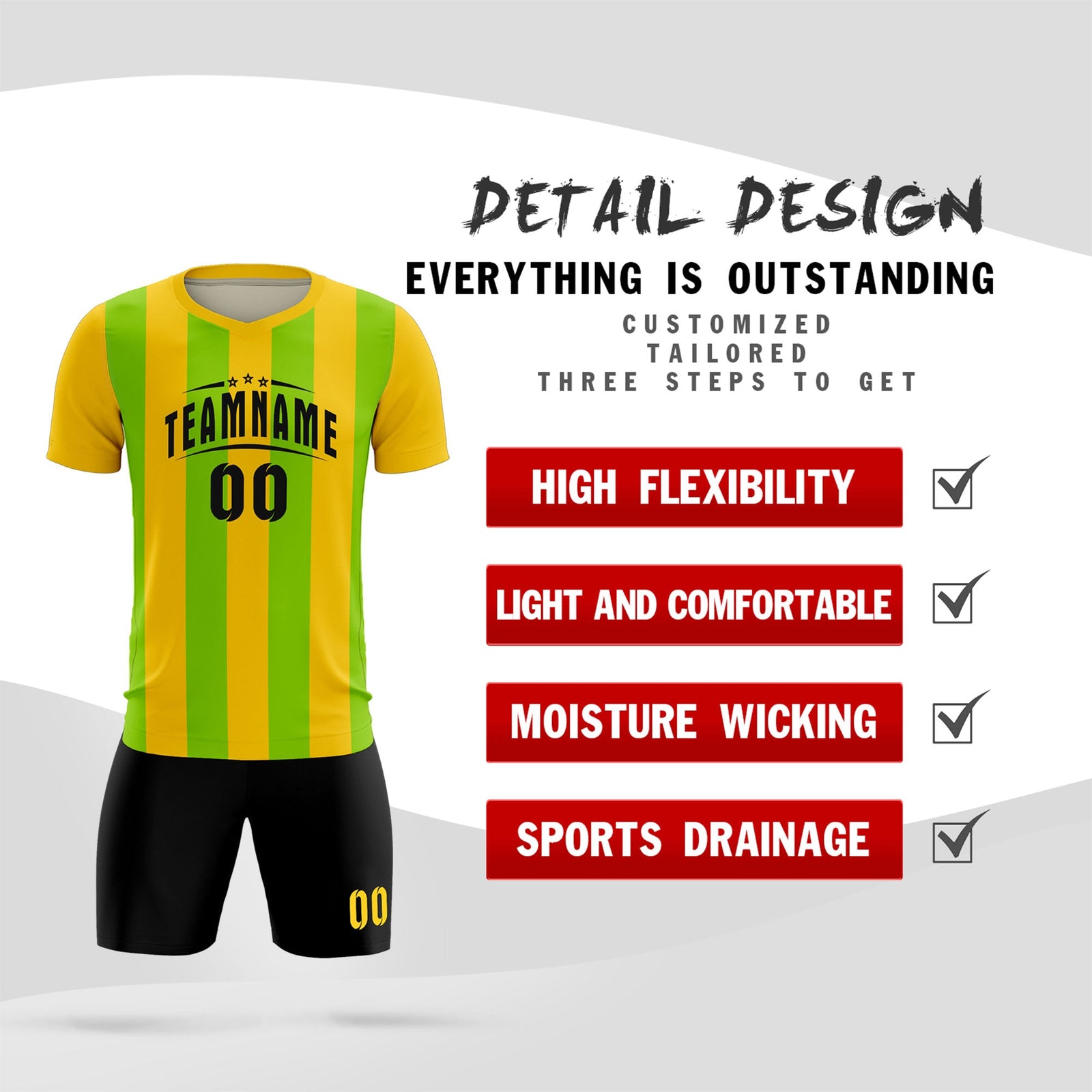 Custom Gold Neon Green Vertical Stripes Casual Outdoor Soccer Sets Jersey