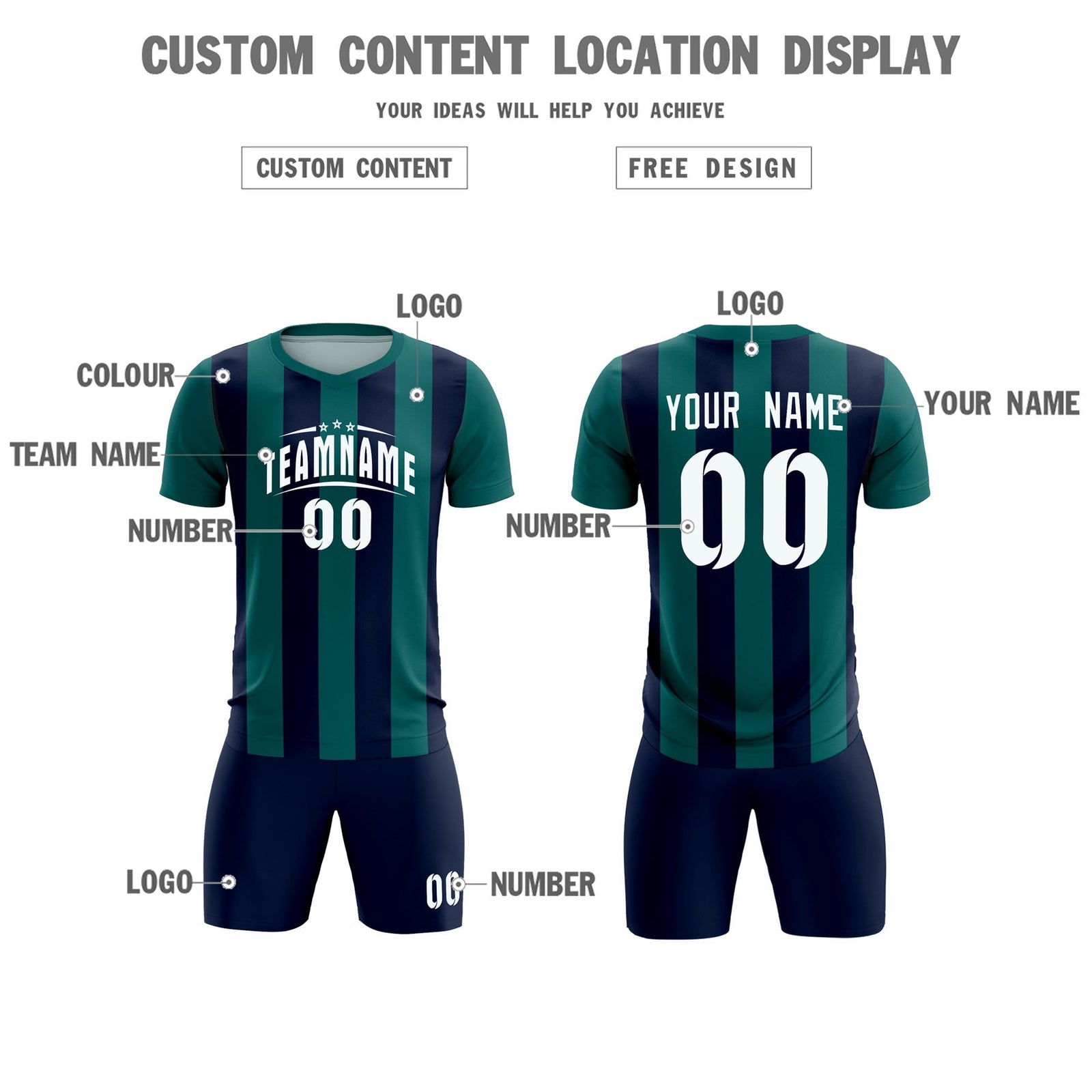 Custom Aqua Navy Vertical Stripes Casual Outdoor Soccer Sets Jersey