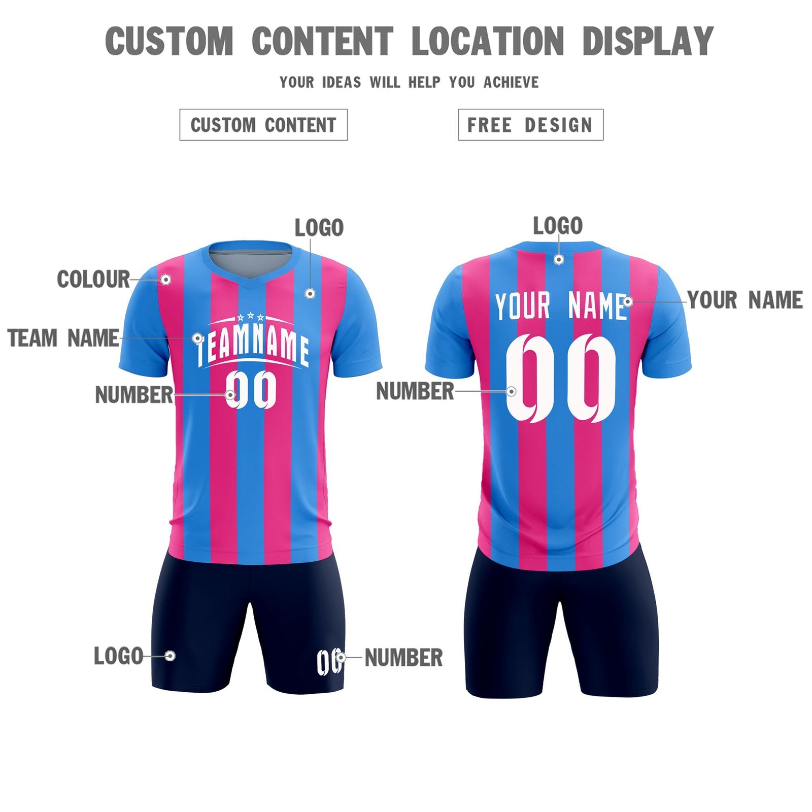 Custom Powder Blue Pink Vertical Stripes Casual Outdoor Soccer Sets Jersey