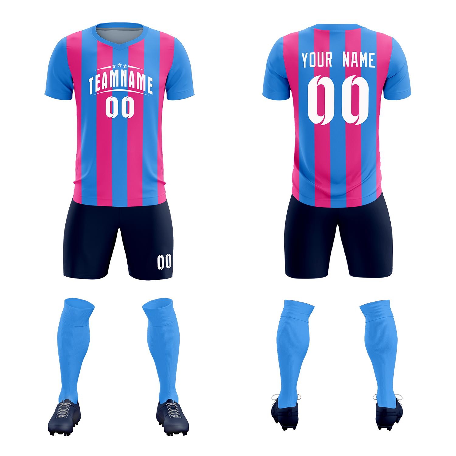 Custom Powder Blue Pink Vertical Stripes Casual Outdoor Soccer Sets Jersey