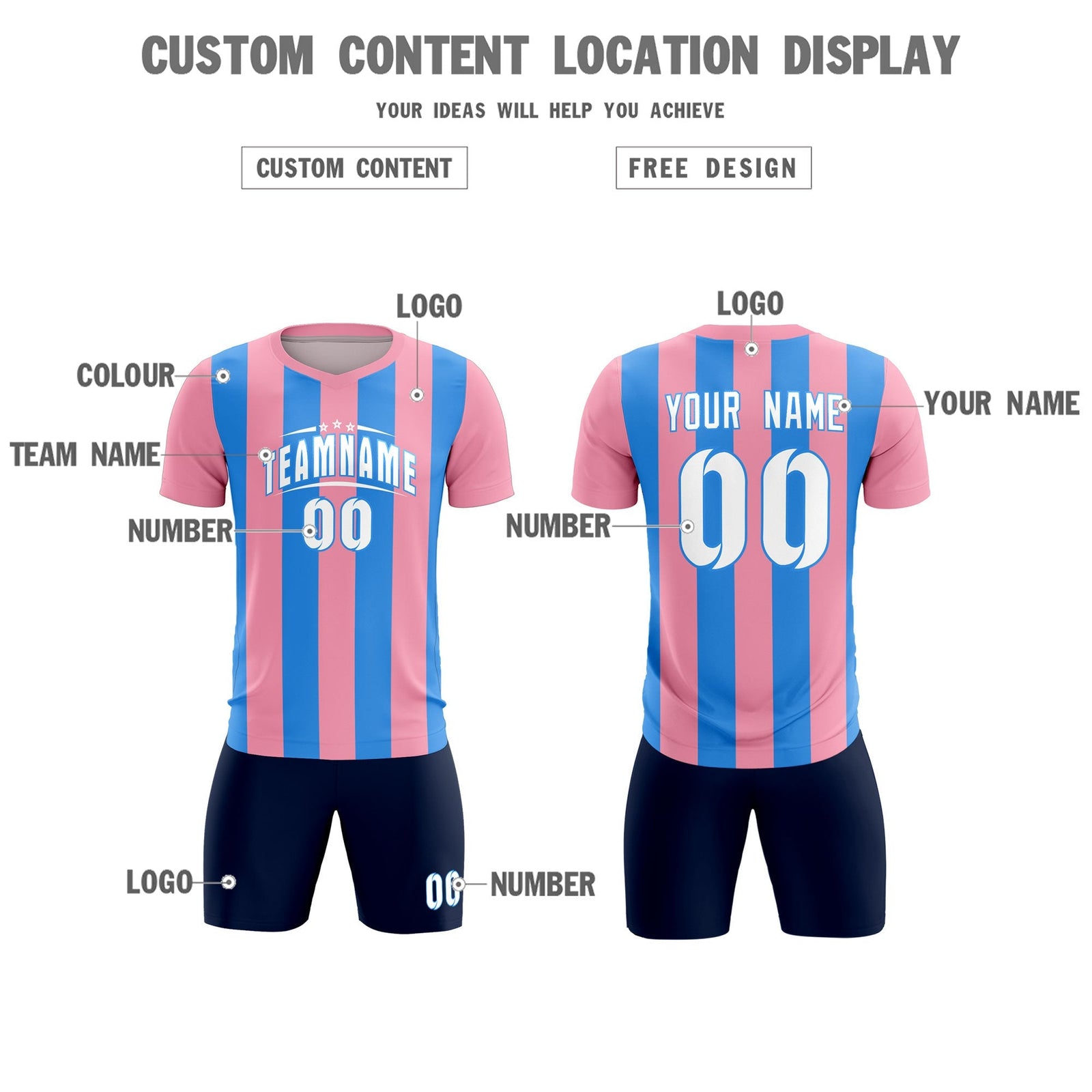 Custom Light Pink Powder Blue Vertical Stripes Casual Outdoor Soccer Sets Jersey
