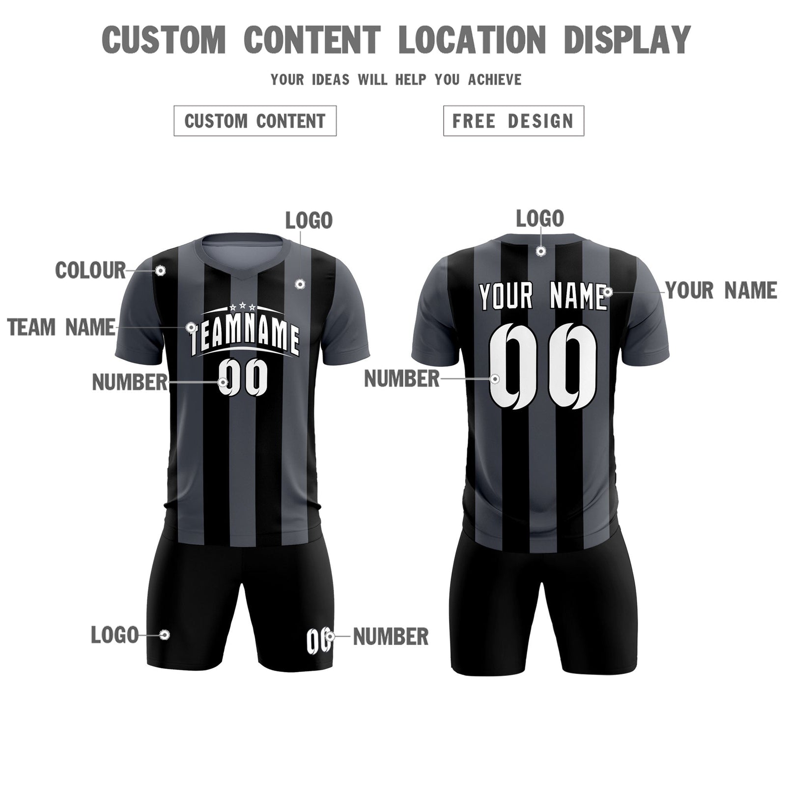 Custom Dark Gray Black Vertical Stripes Casual Outdoor Soccer Sets Jersey