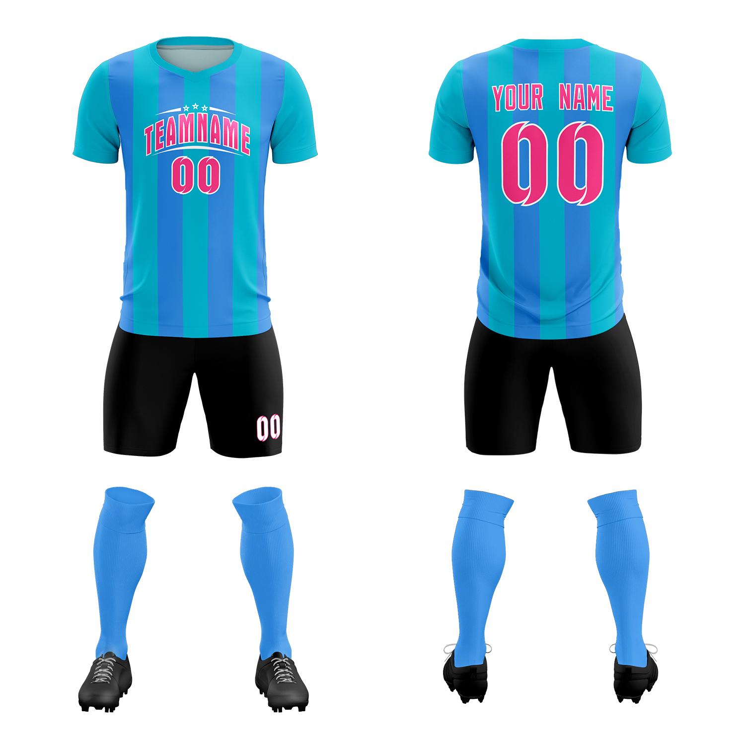 Custom Sky Blue Powder Blue Vertical Stripes Casual Outdoor Soccer Sets Jersey