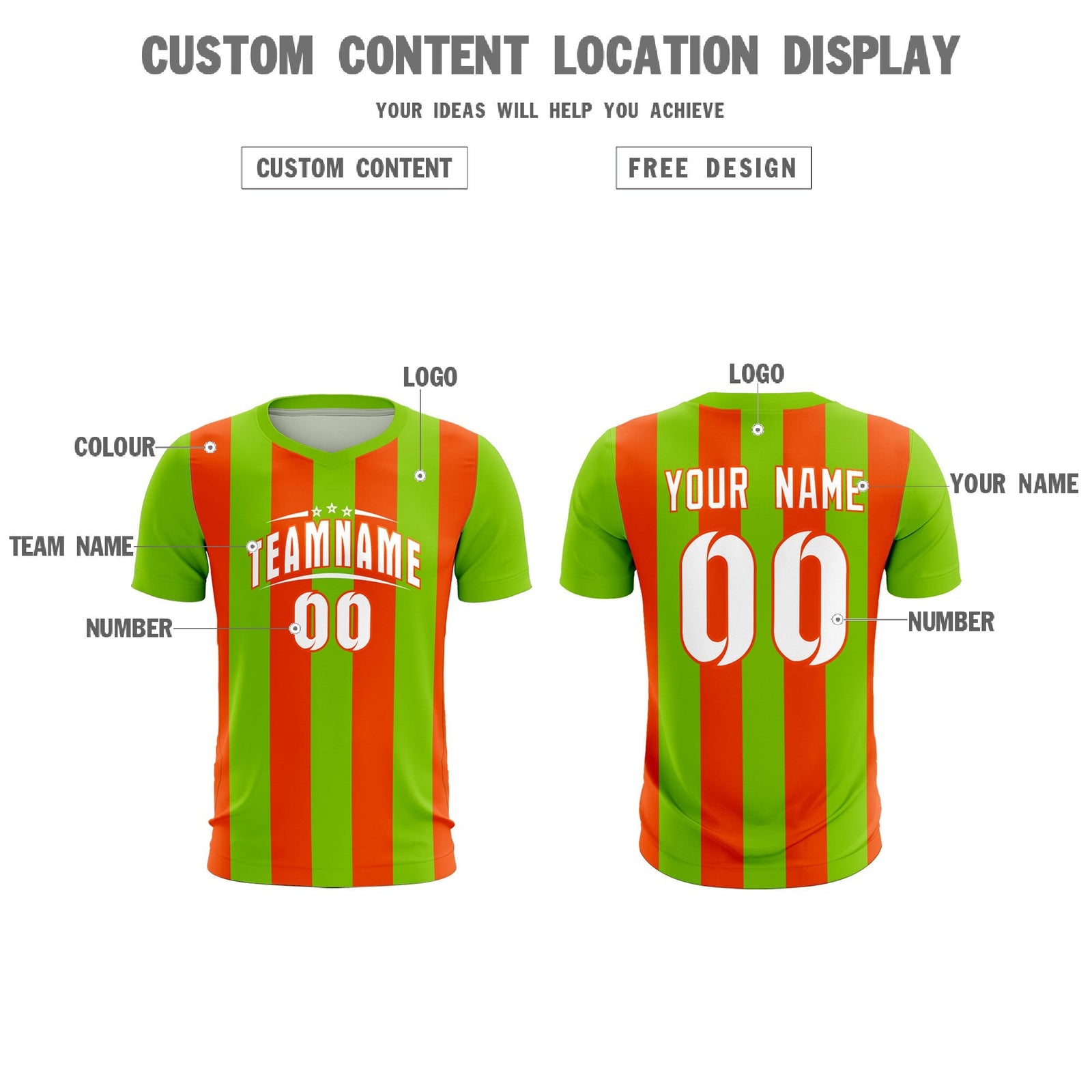Custom Neon Green Orange Vertical Stripes Casual Outdoor Soccer Sets Jersey
