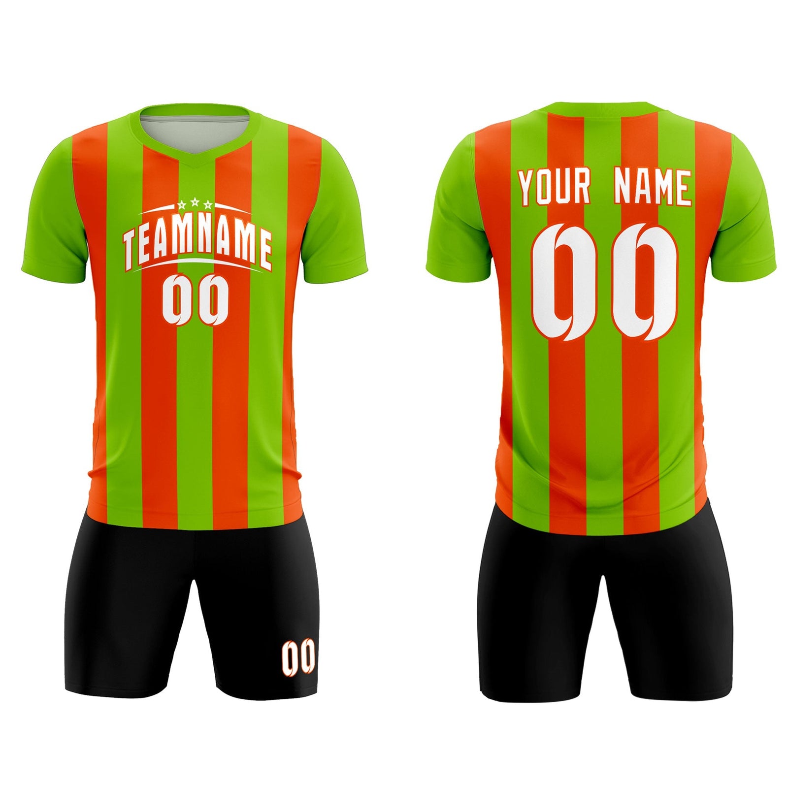 Custom Neon Green Orange Vertical Stripes Casual Outdoor Soccer Sets Jersey