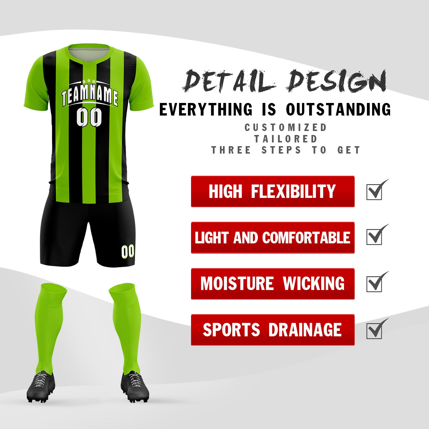 Custom Neon Green Black Vertical Stripes Casual Outdoor Soccer Sets Jersey