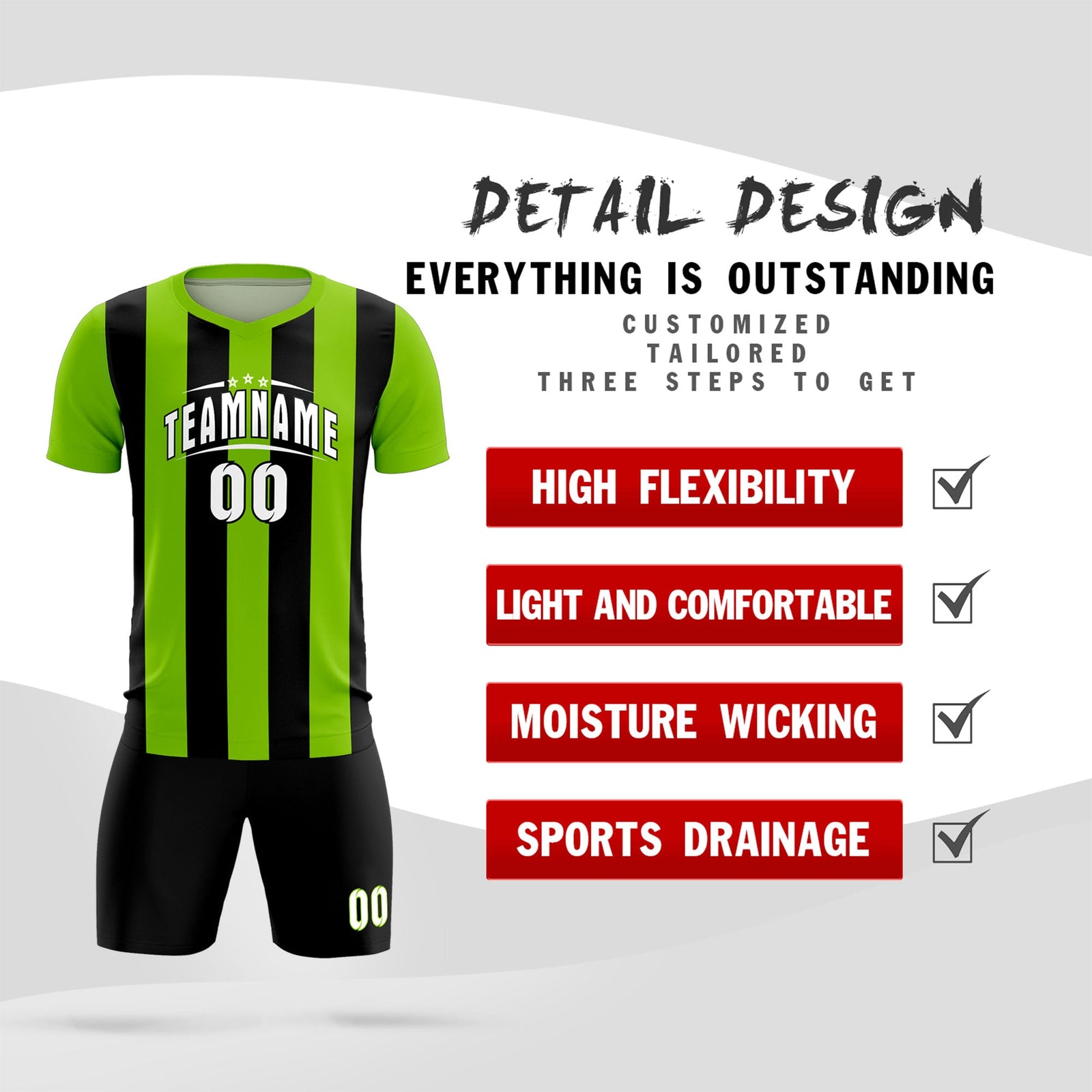 Custom Neon Green Black Vertical Stripes Casual Outdoor Soccer Sets Jersey