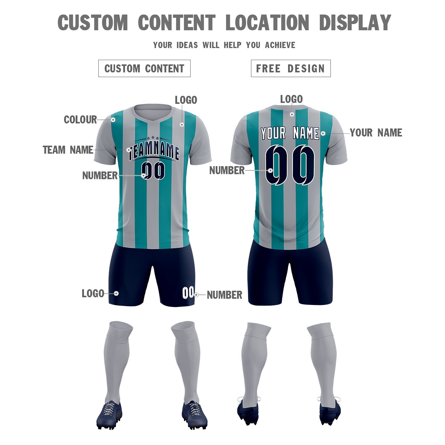 Custom Gray Aqua Vertical Stripes Casual Outdoor Soccer Sets Jersey