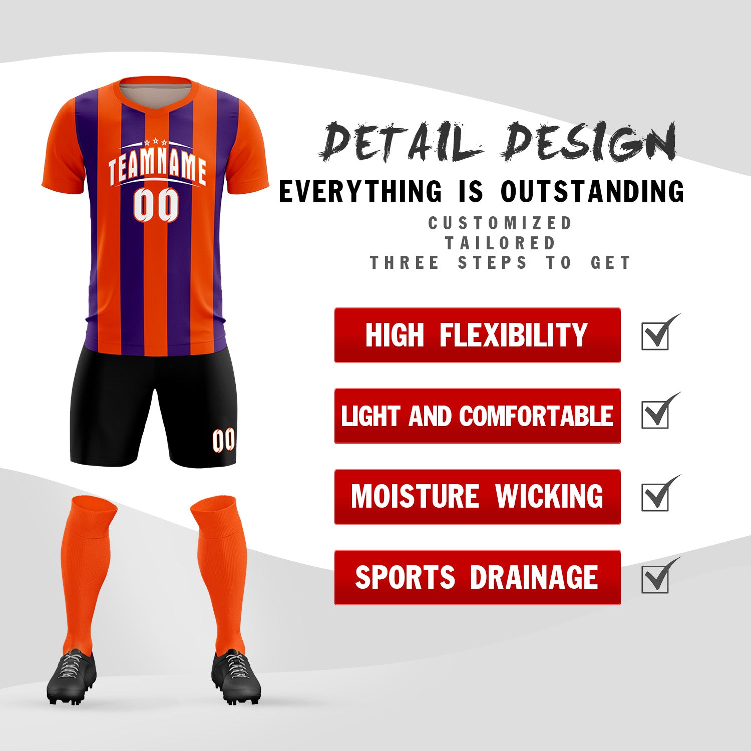 Custom Orange Purple Vertical Stripes Casual Outdoor Soccer Sets Jersey