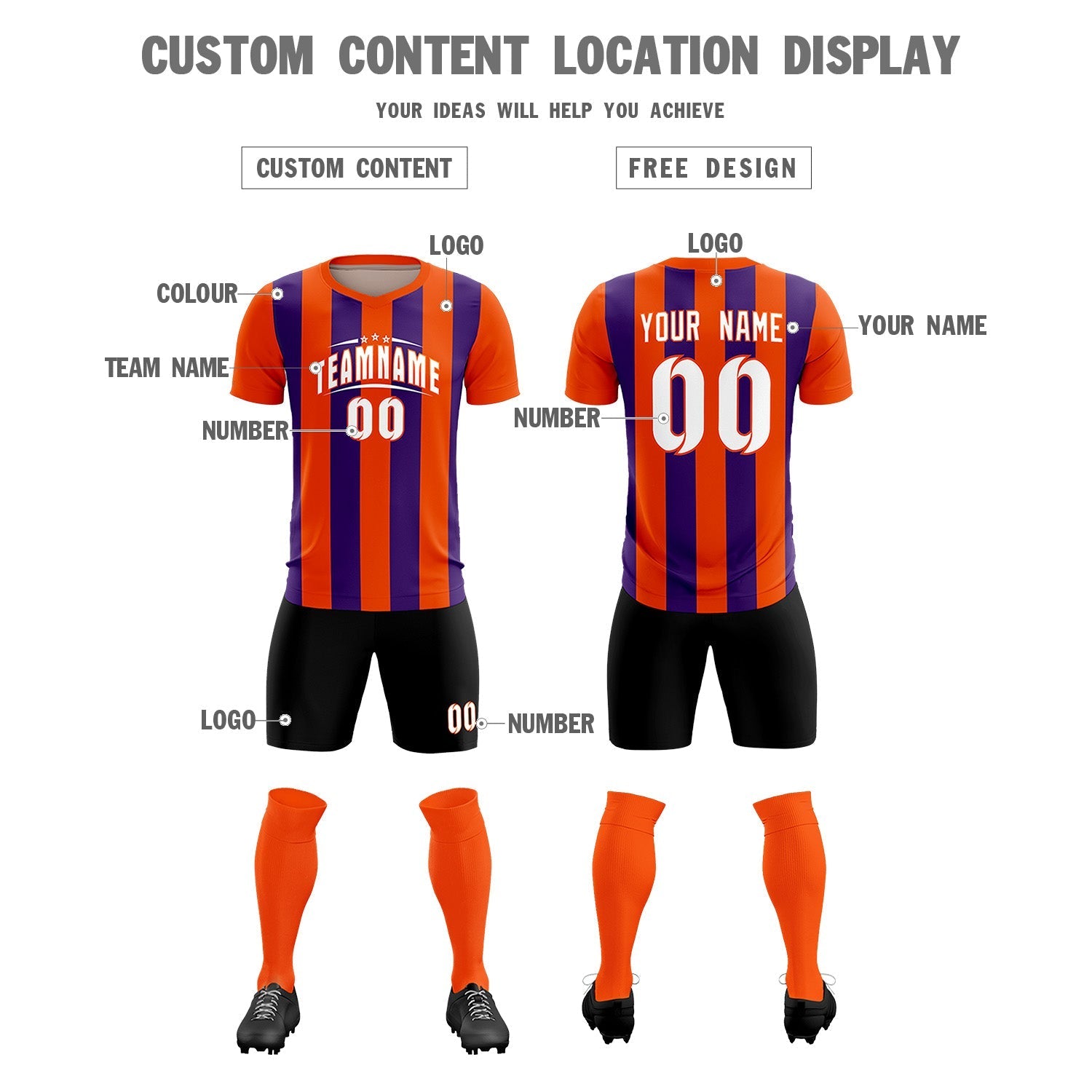 Custom Orange Purple Vertical Stripes Casual Outdoor Soccer Sets Jersey
