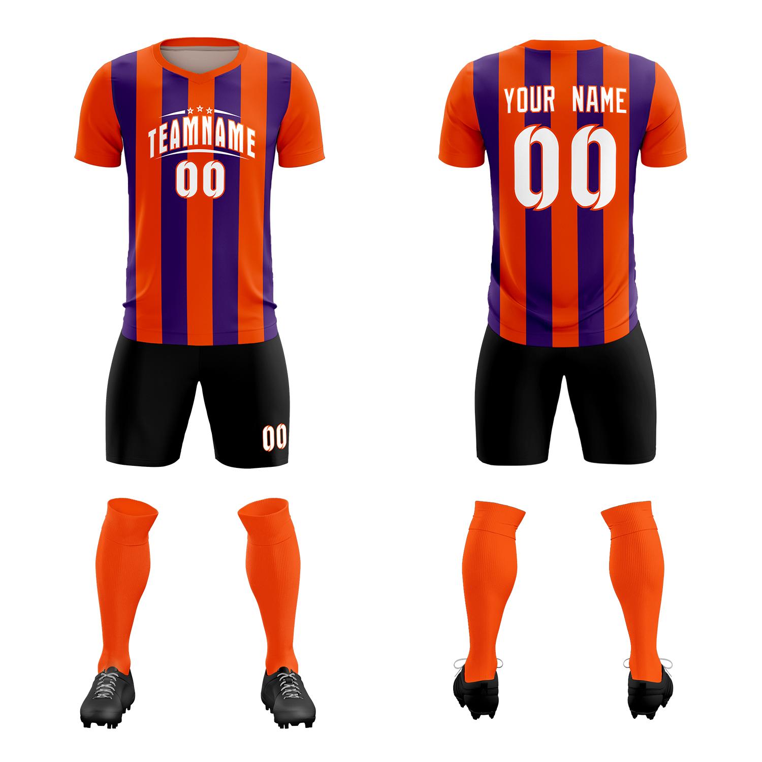 Custom Orange Purple Vertical Stripes Casual Outdoor Soccer Sets Jersey