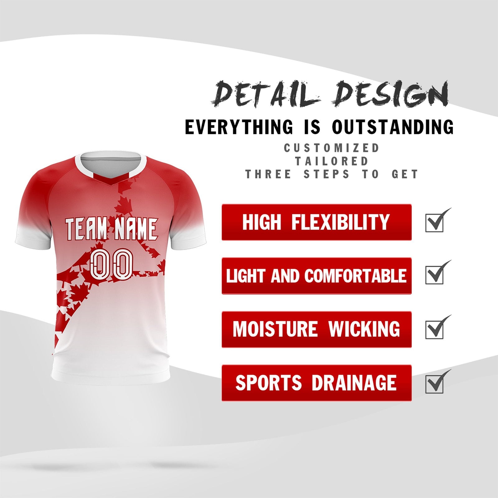 Custom Red White Canada Maple Leaves World Cup Inspired Lightweight Gradient Fashion Soccer Sets Jersey
