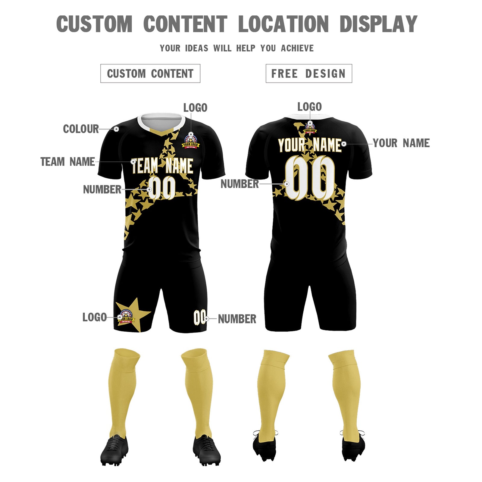 Custom Black Old Gold America Star World Cup Inspired Lightweight Graffiti Pattern Soccer Sets Jersey
